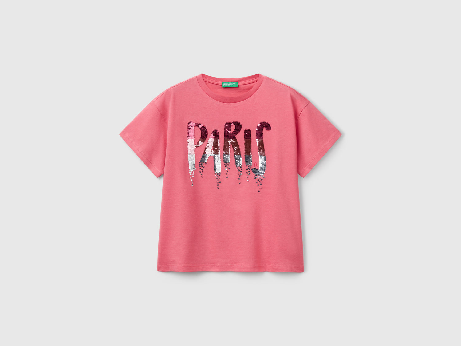 Maglietta con stampa e paillettes da bambina salmone | Benetton Outlet