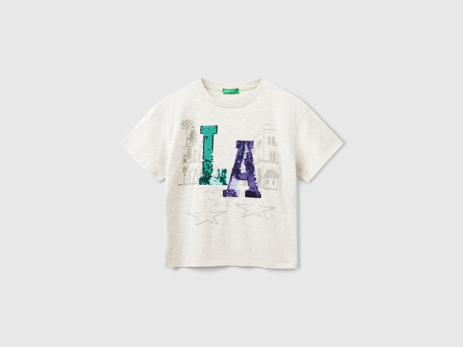 Maglietta con stampa e paillettes da bambina grigio chiaro | Benetton Outlet
