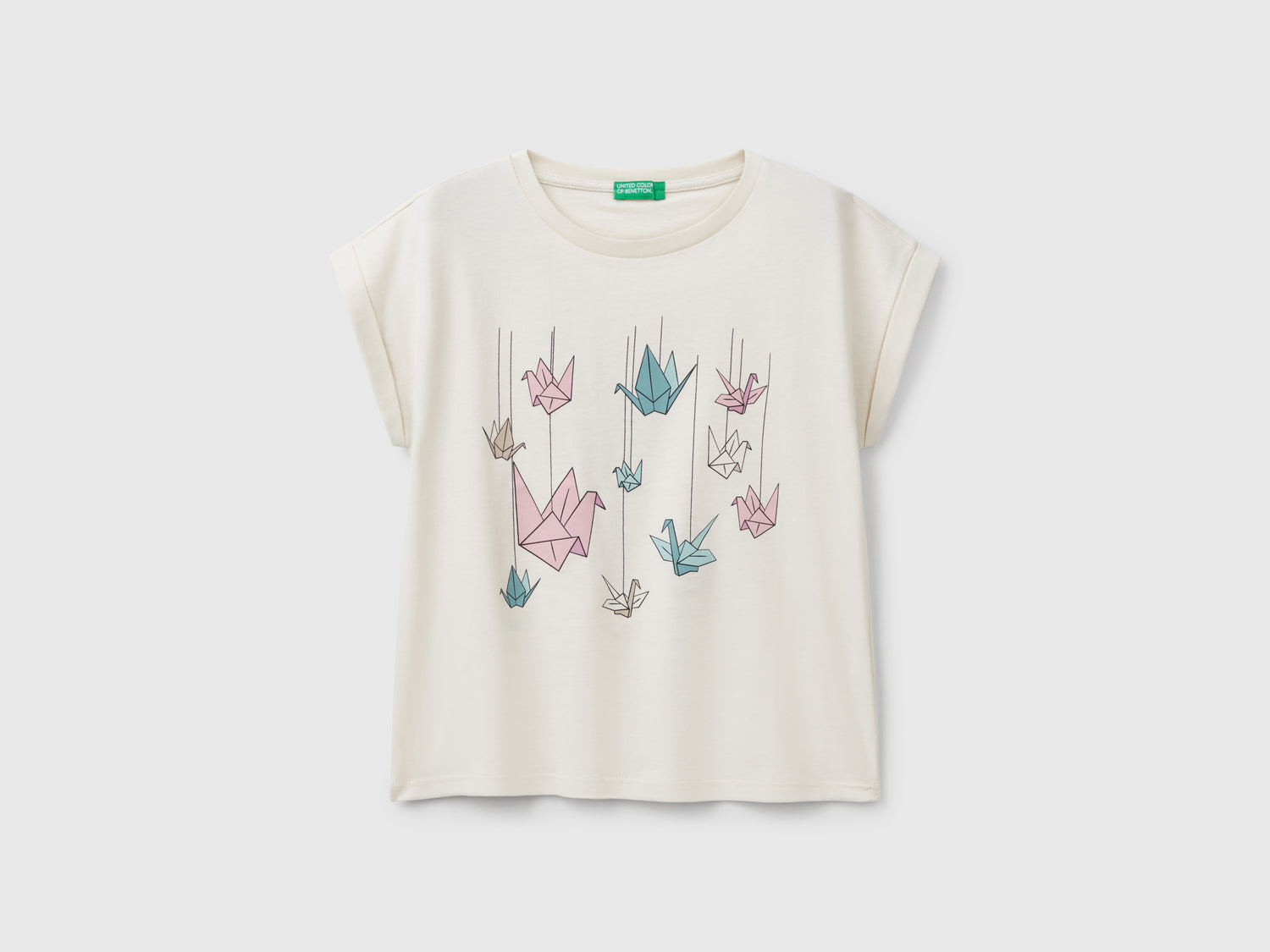 Maglietta boxy fit con stampa e glitter da bambina beige | Benetton Outlet