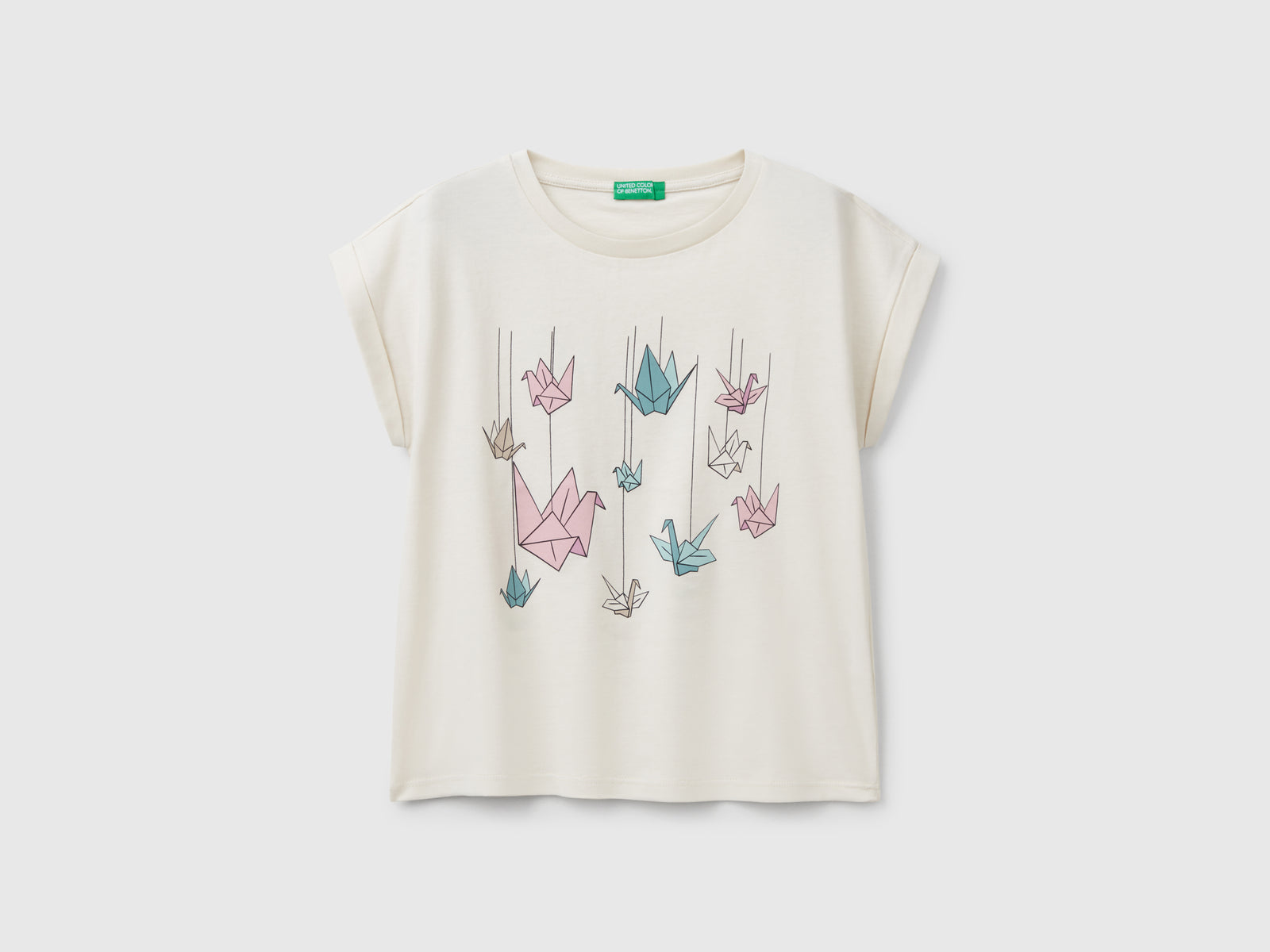 Maglietta boxy fit con stampa e glitter da bambina beige | Benetton Outlet