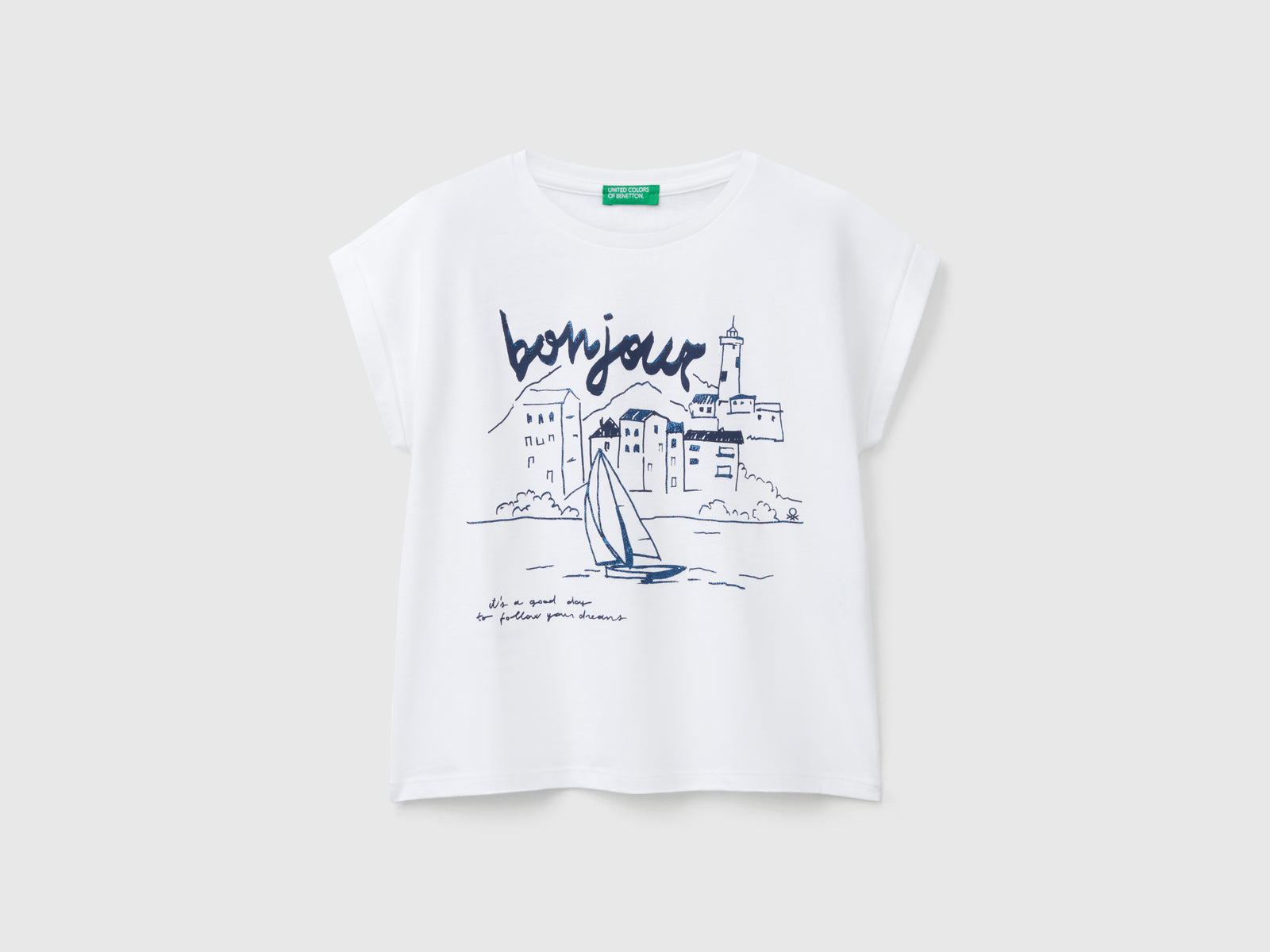Maglietta boxy fit con stampa e glitter da bambina bianco | Benetton Outlet