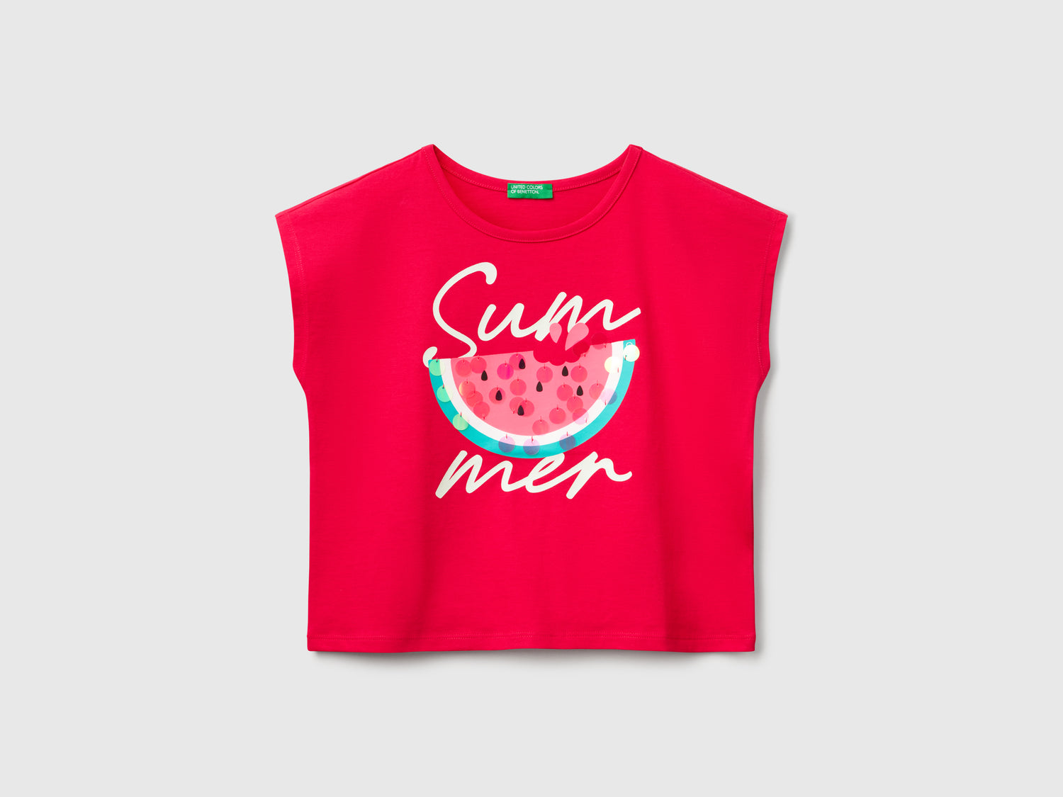 T-shirt con stampa e paillettes da bambina fucsia | Benetton Outlet
