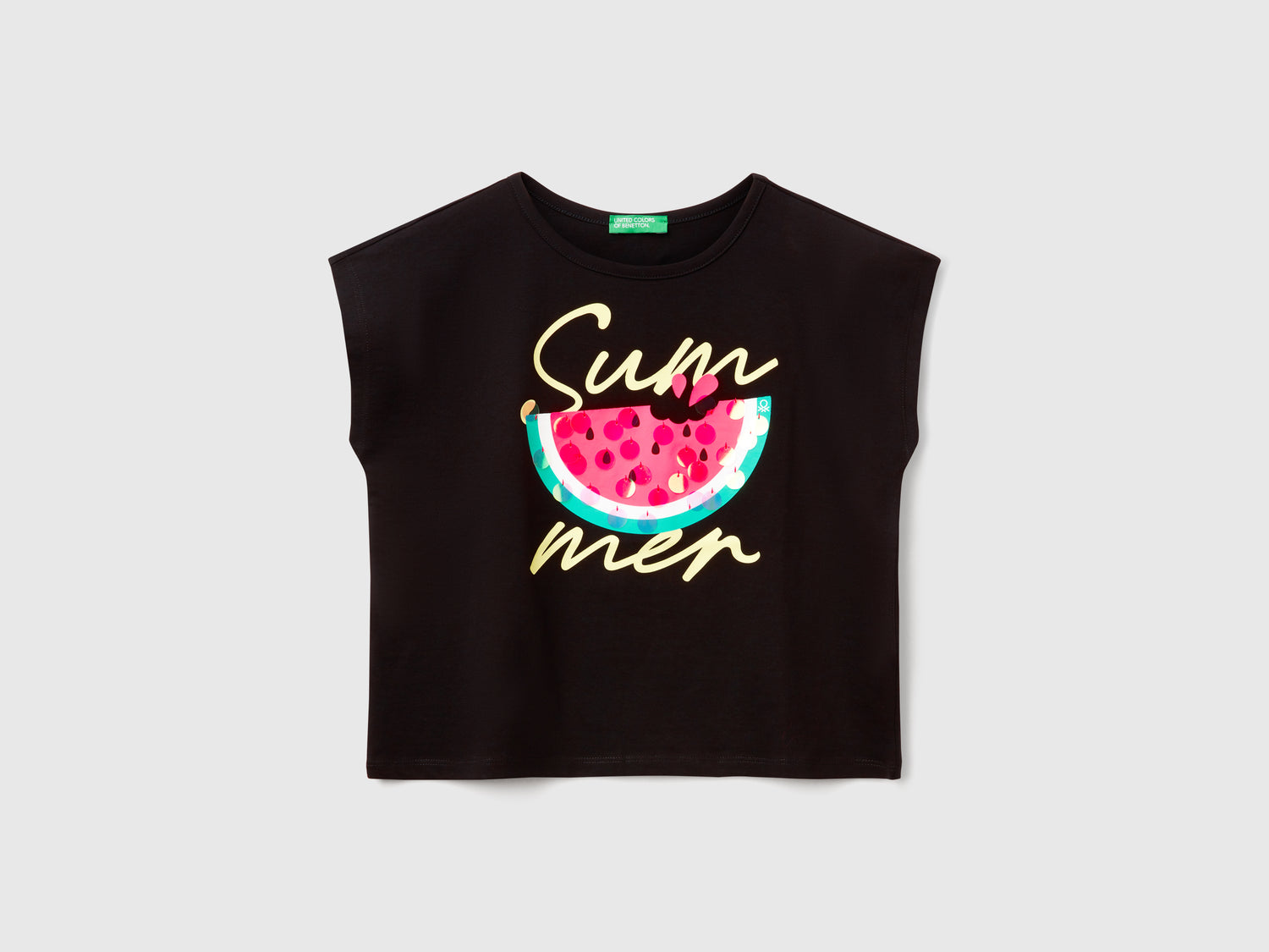 T-shirt con stampa e paillettes da bambina nero | Benetton Outlet