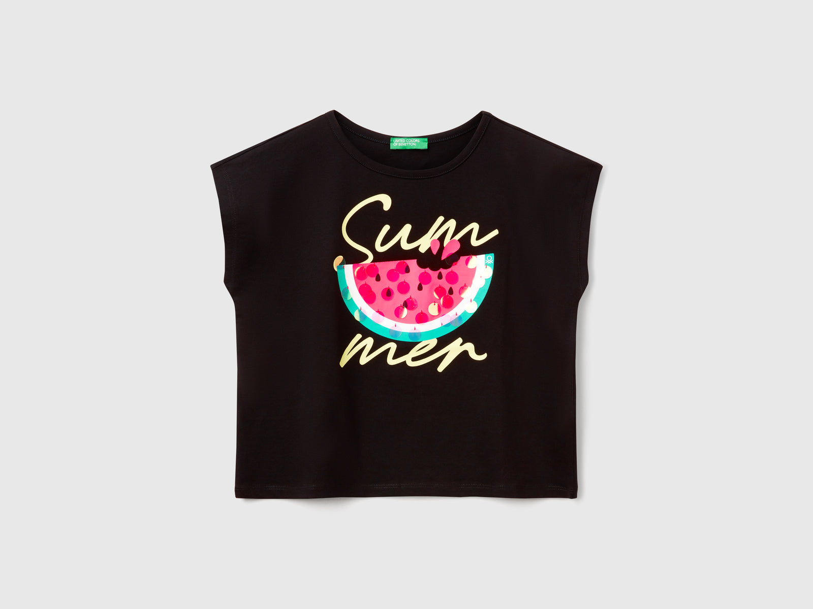 T-shirt con stampa e paillettes da bambina nero | Benetton Outlet