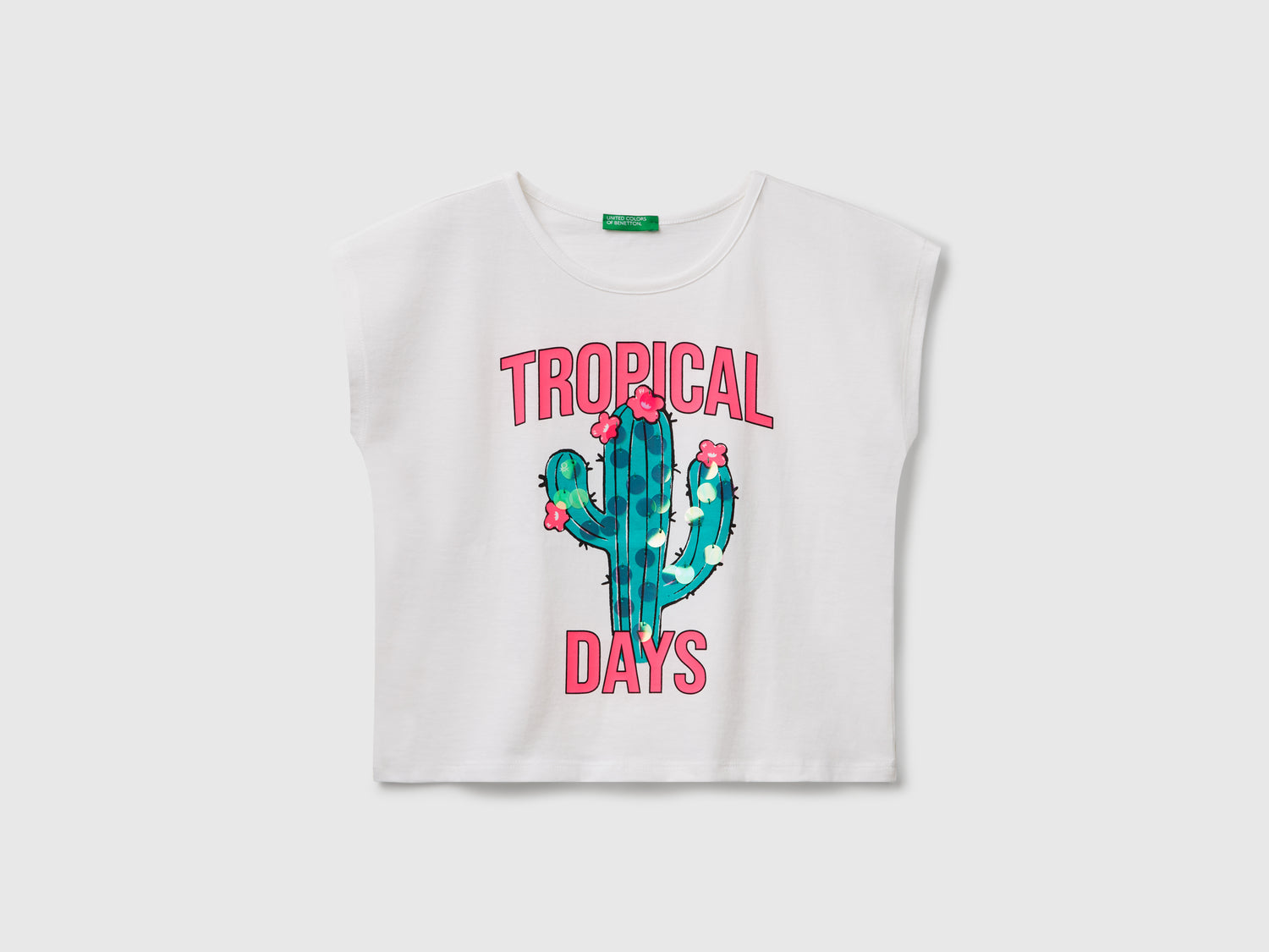 T-shirt con stampa e paillettes da bambina bianco | Benetton Outlet