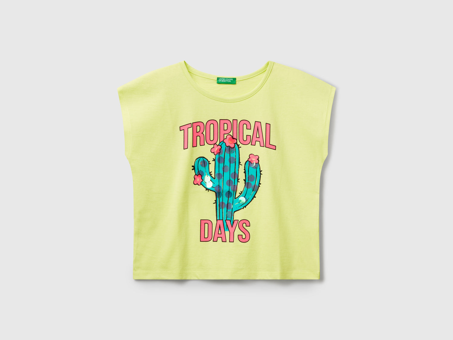 T-shirt con stampa e paillettes da bambina lime | Benetton Outlet