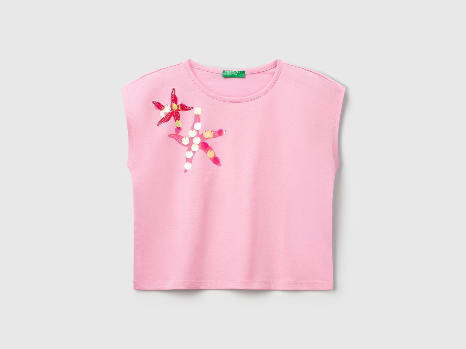T-shirt con stampa e paillettes da bambina rosa | Benetton Outlet