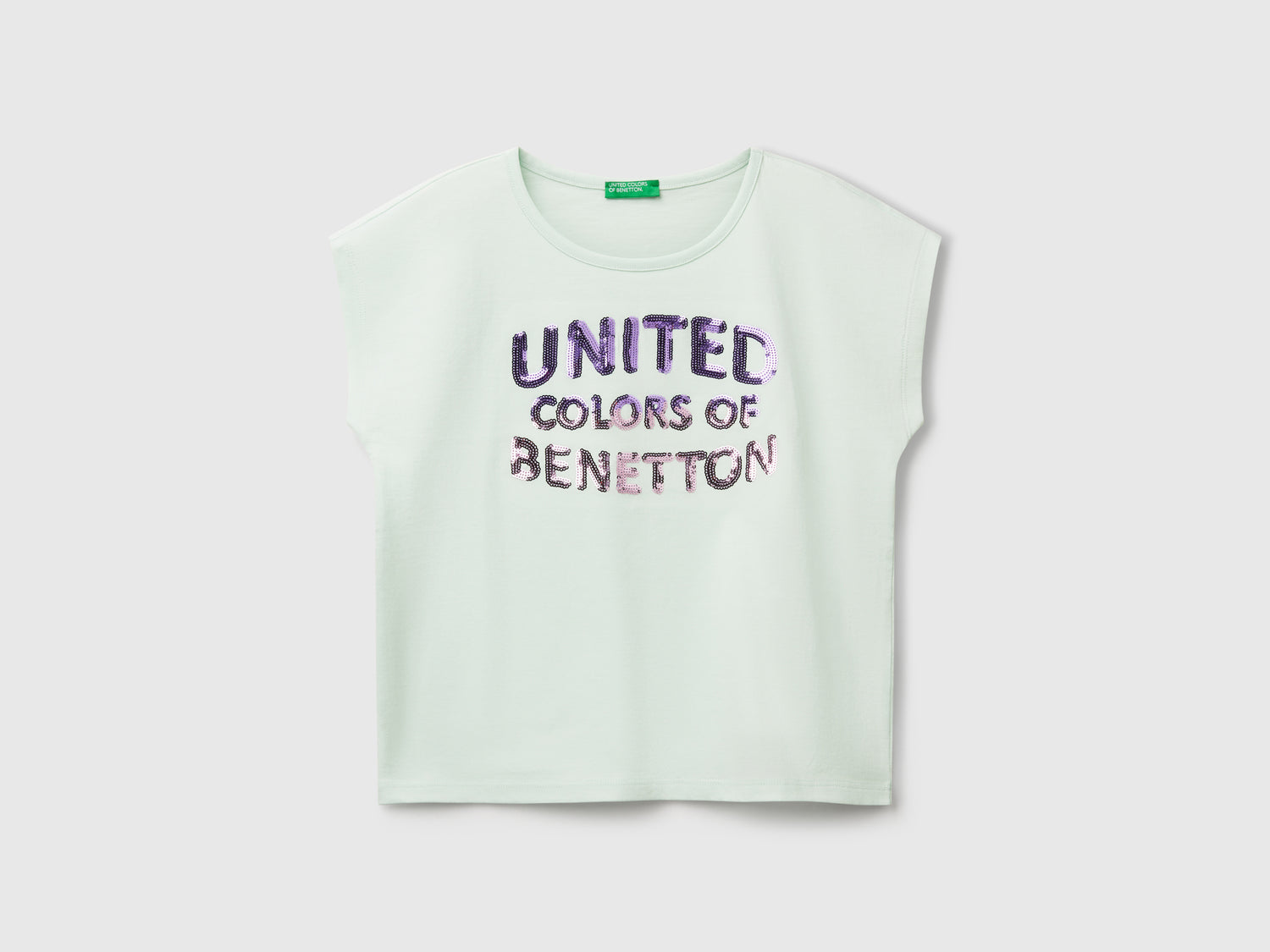 T-shirt con paillettes da bambina verde acqua | Benetton Outlet