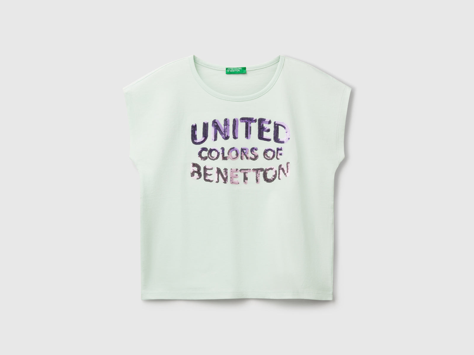 T-shirt con paillettes da bambina verde acqua | Benetton Outlet