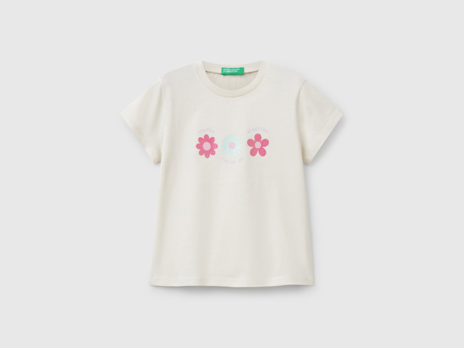 Maglietta con stampa glitter da bimba beige | Benetton Outlet