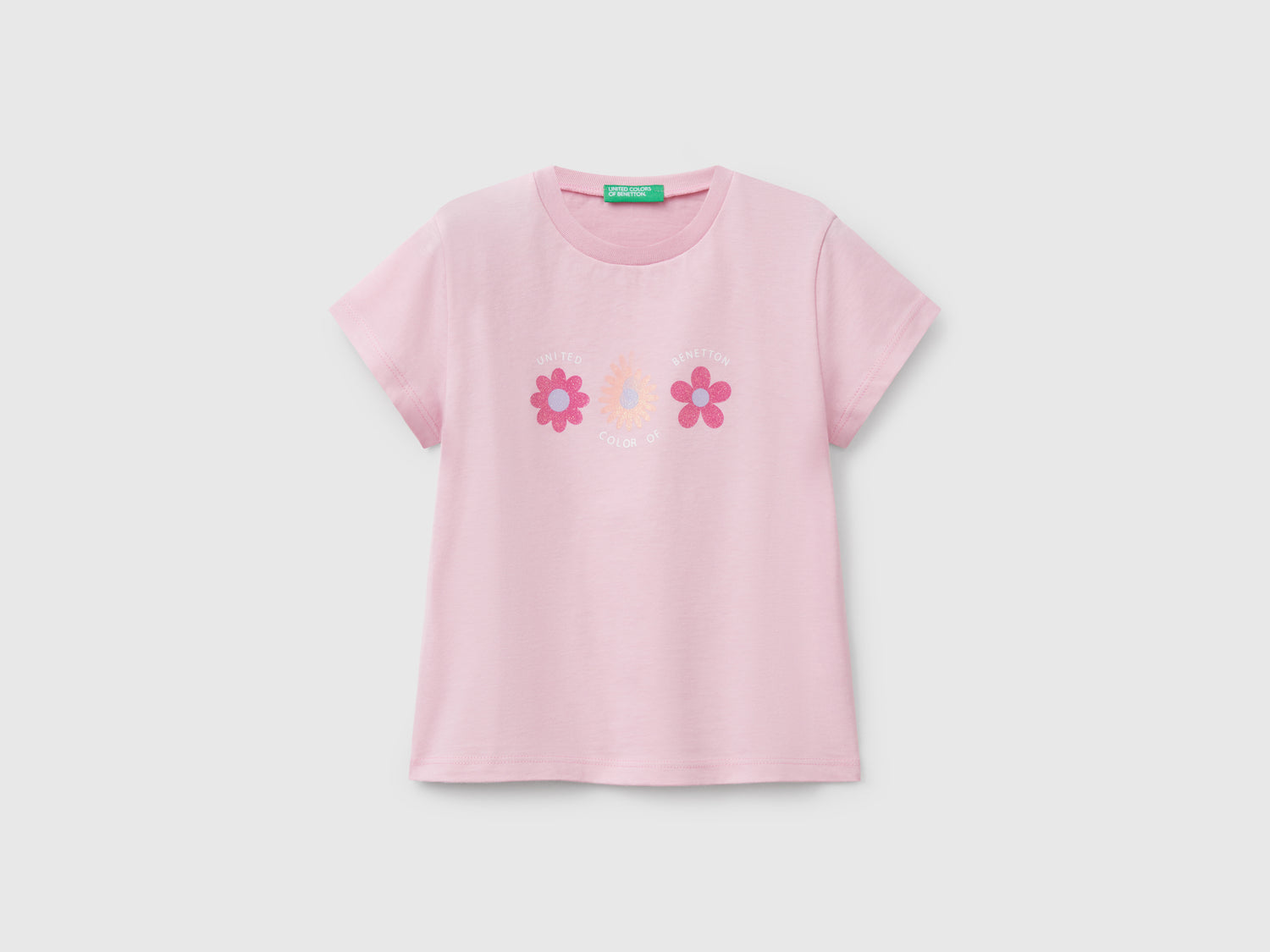 Maglietta con stampa glitter da bimba rosa | Benetton Outlet