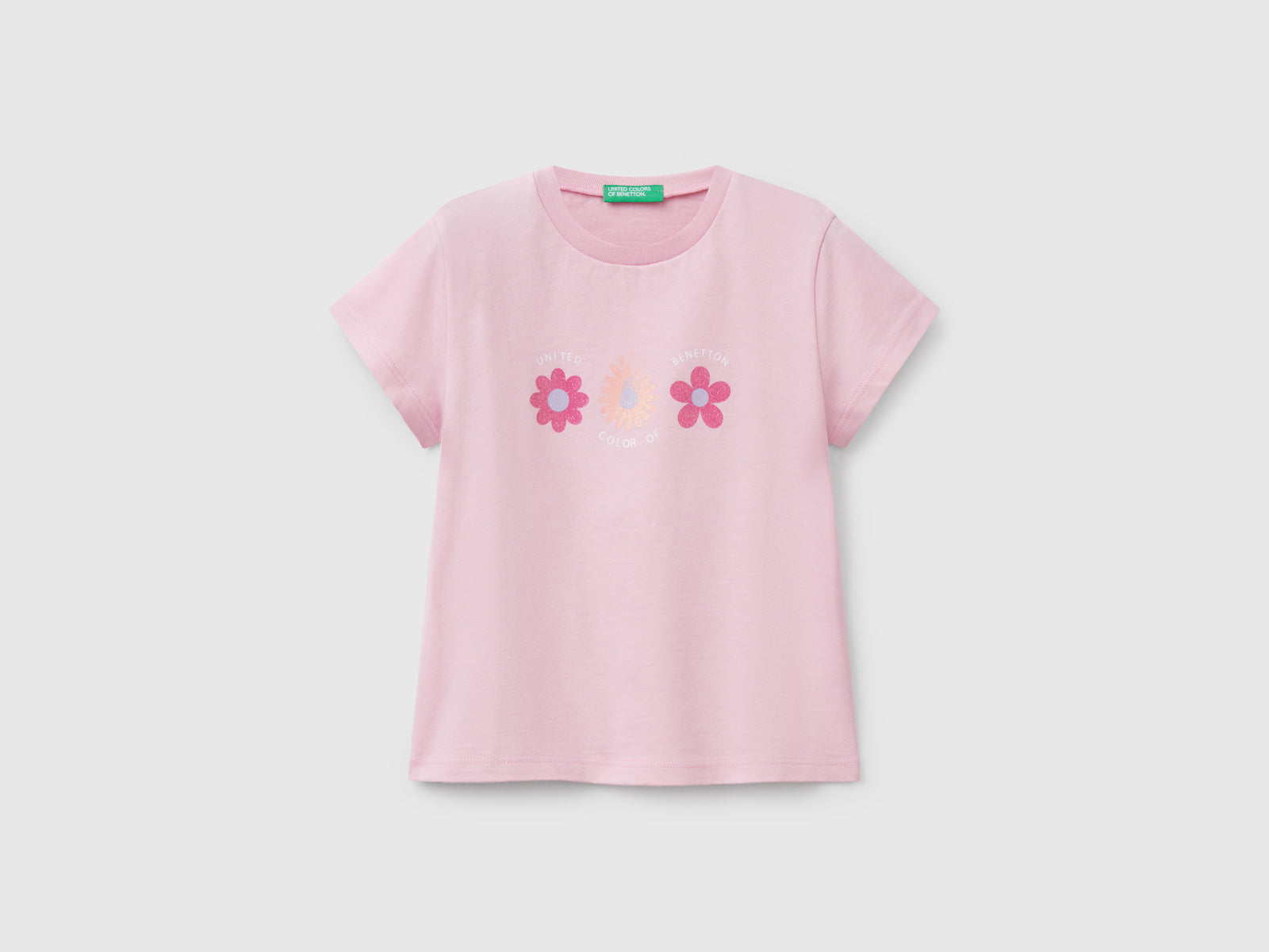Maglietta con stampa glitter da bimba rosa | Benetton Outlet