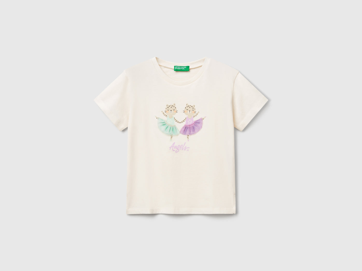 T-shirt con stampa e applicazione da bimba bianco panna | Benetton Outlet
