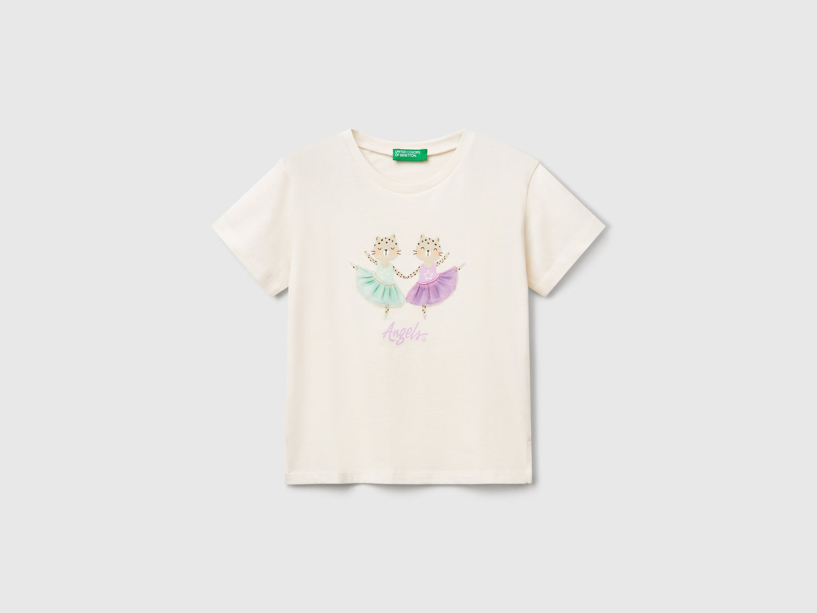 T-shirt con stampa e applicazione da bimba bianco panna | Benetton Outlet