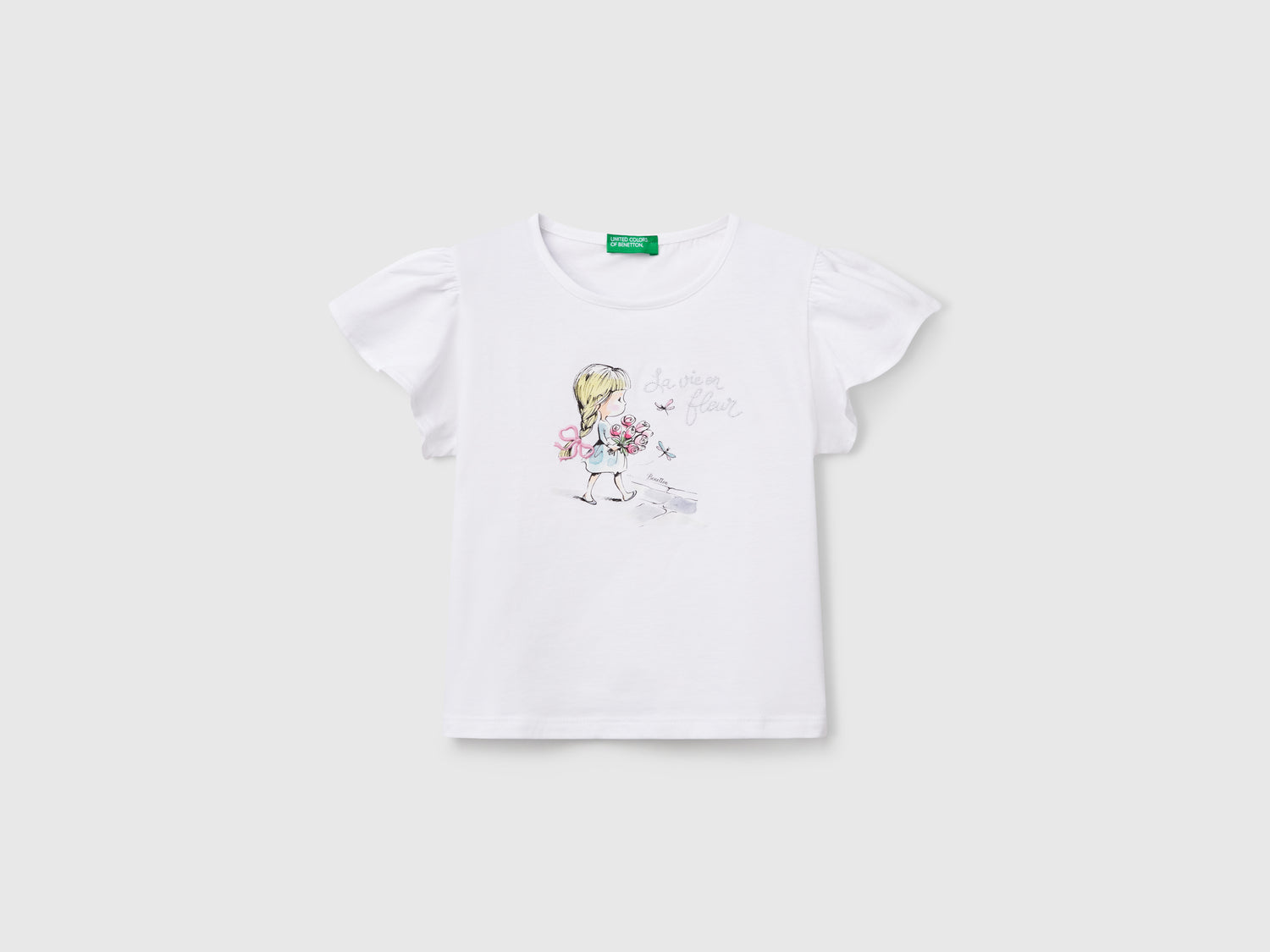 T-shirt con stampa e ricamo da bimba bianco | Benetton Outlet