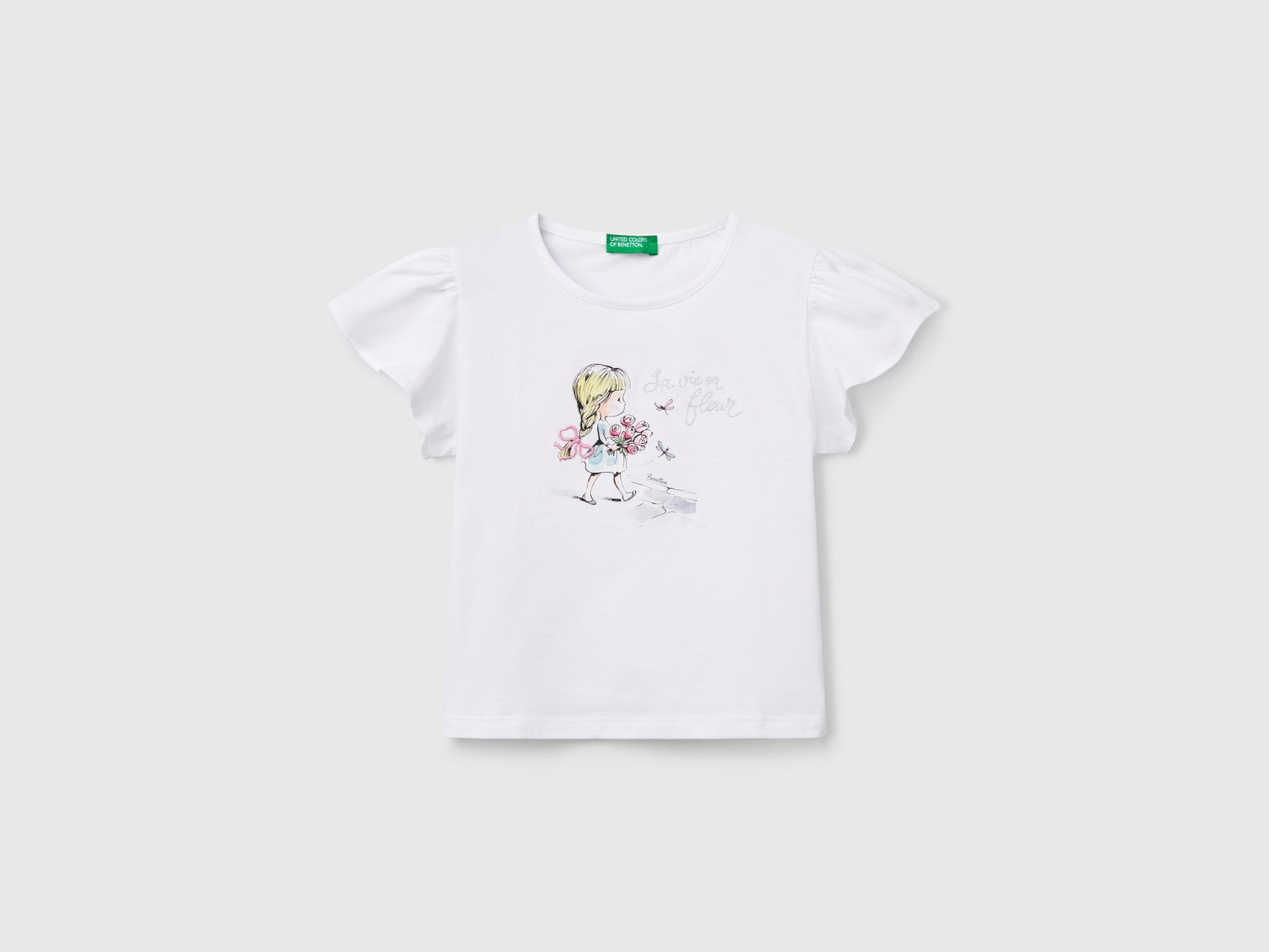 T-shirt con stampa e ricamo da bimba bianco | Benetton Outlet