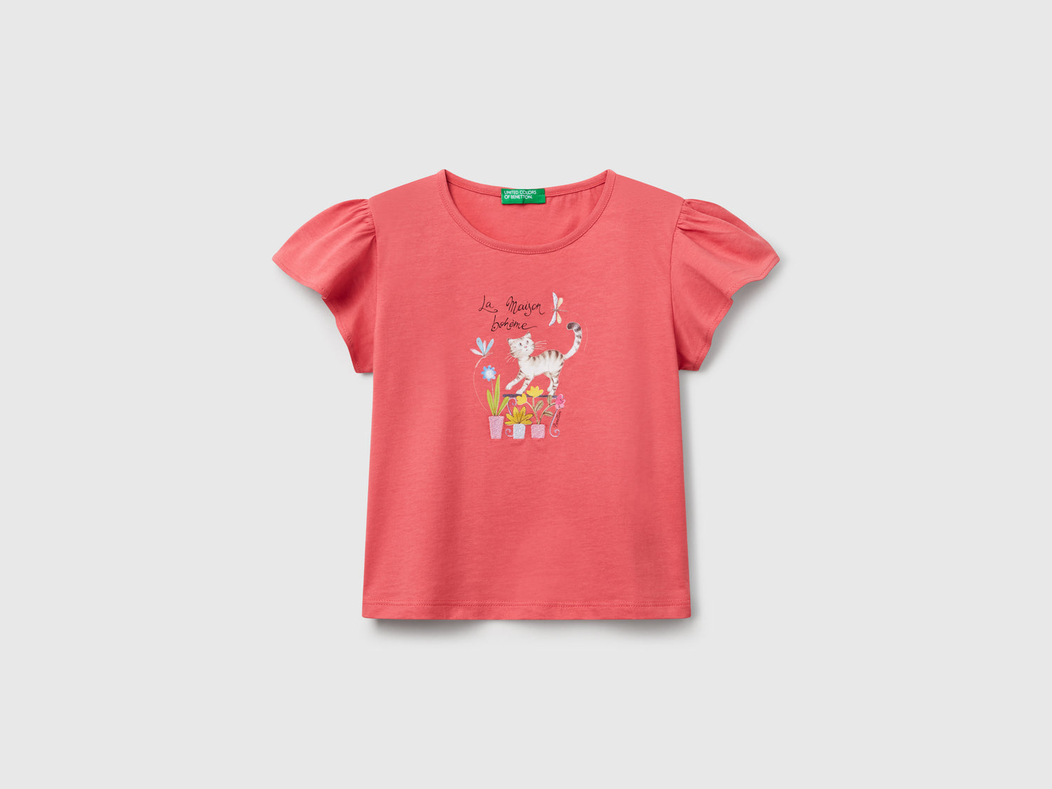 T-shirt con stampa e ricamo da bimba salmone | Benetton Outlet
