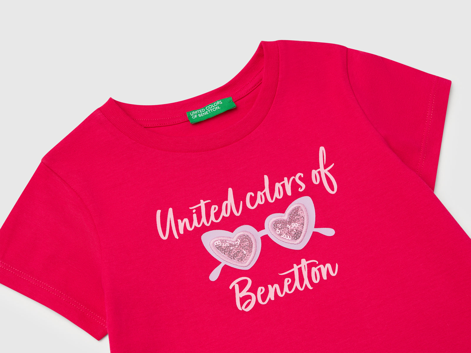 Maglietta con ricamo logo in cotone bio da bimba fucsia 3 | Benetton Outlet