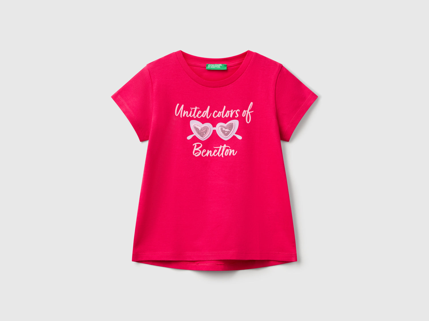 Maglietta con ricamo logo in cotone bio da bimba fucsia | Benetton Outlet