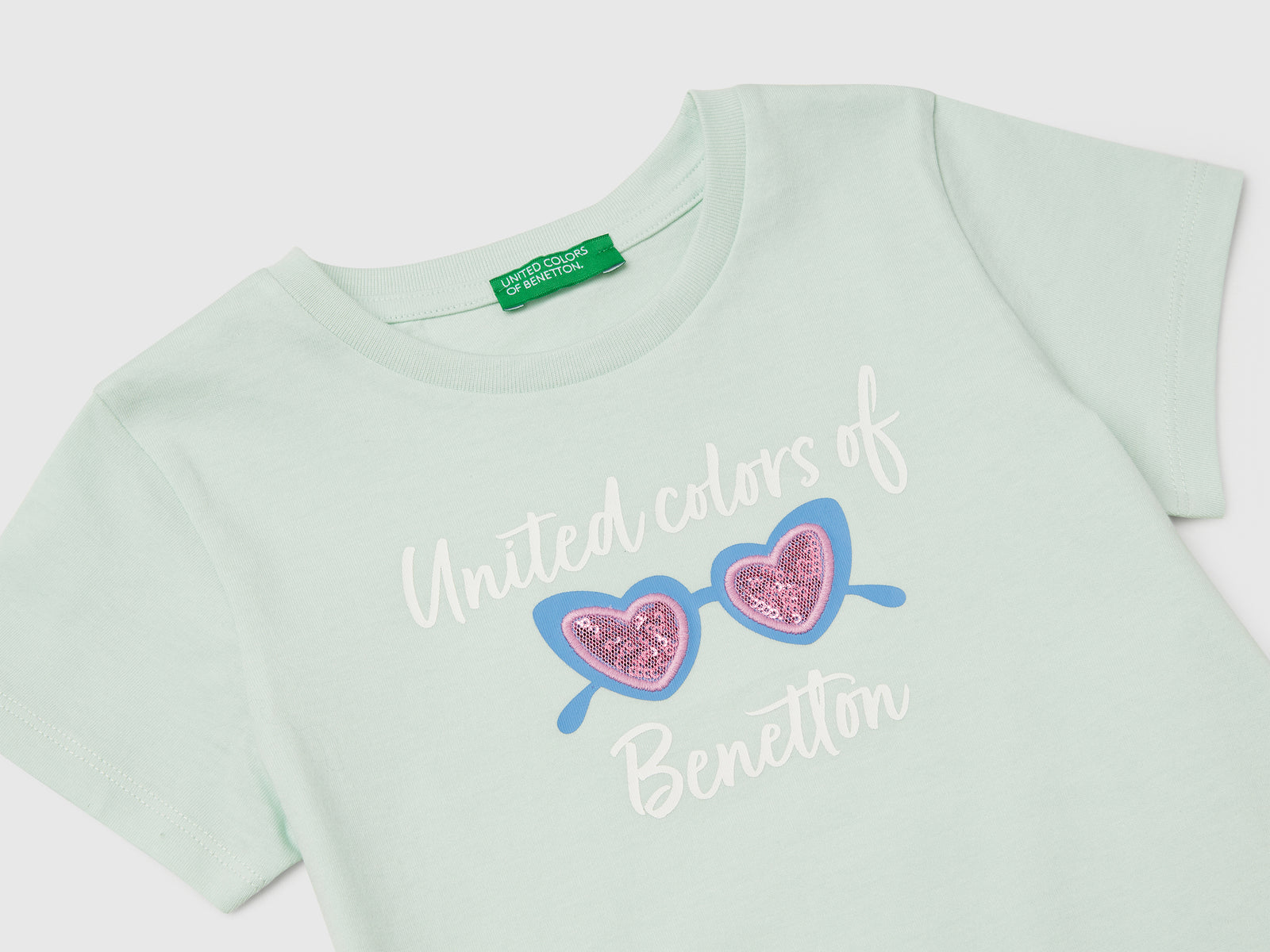 Maglietta con ricamo logo in cotone bio da bimba verde acqua 3 | Benetton Outlet