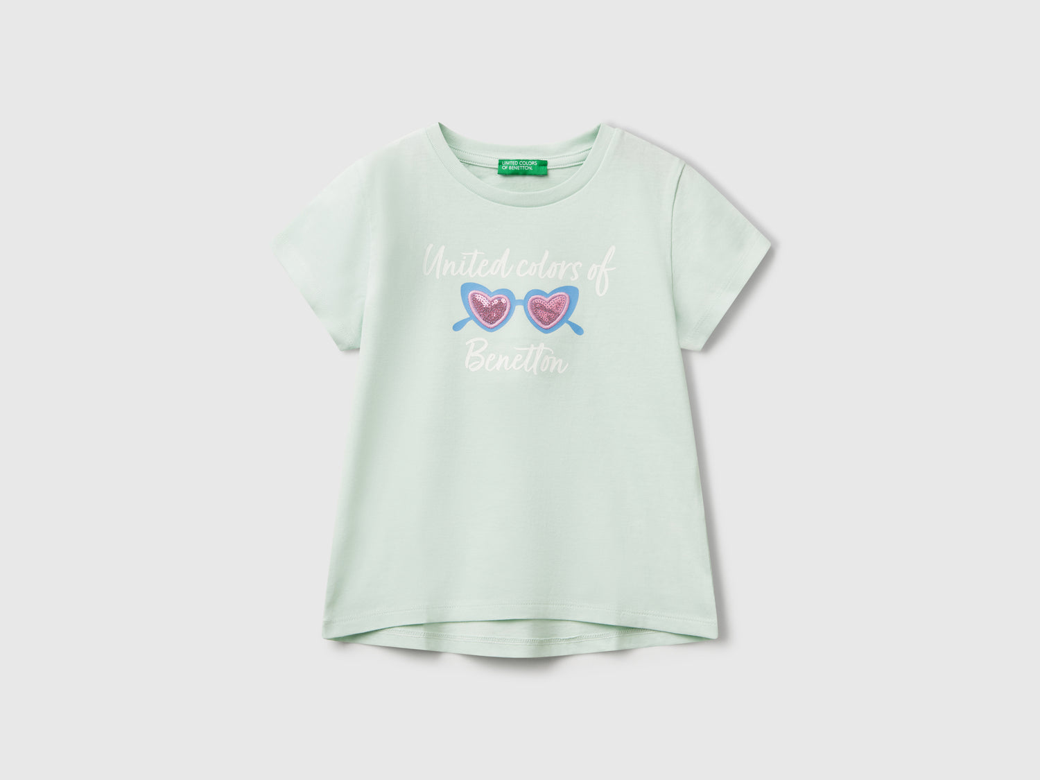 Maglietta con ricamo logo in cotone bio da bimba verde acqua | Benetton Outlet