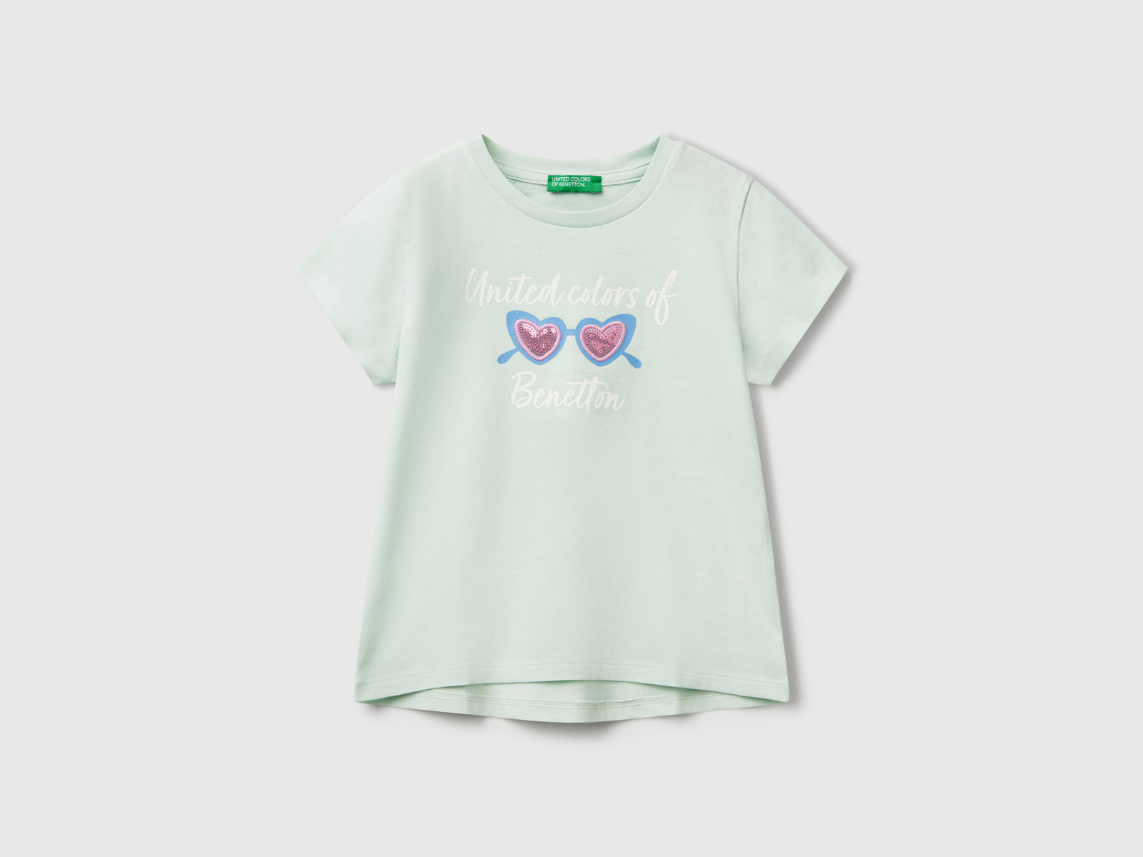 Maglietta con ricamo logo in cotone bio da bimba verde acqua | Benetton Outlet