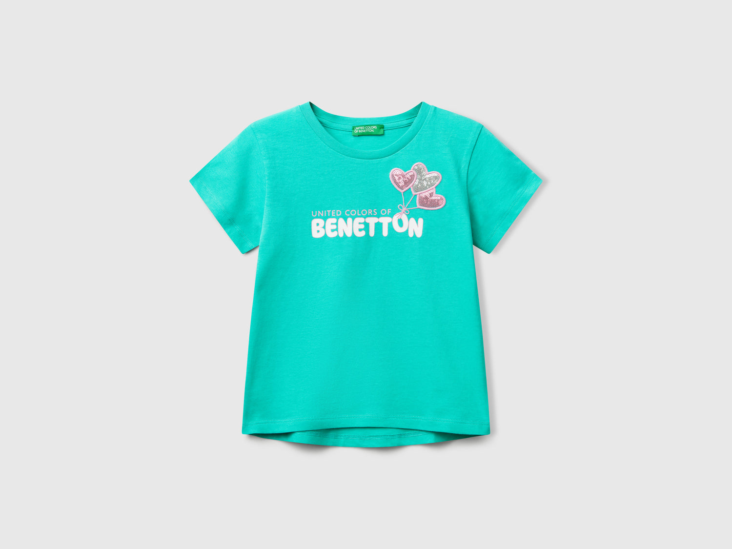 Maglietta con ricamo logo in cotone bio da bimba celeste fluo | Benetton Outlet