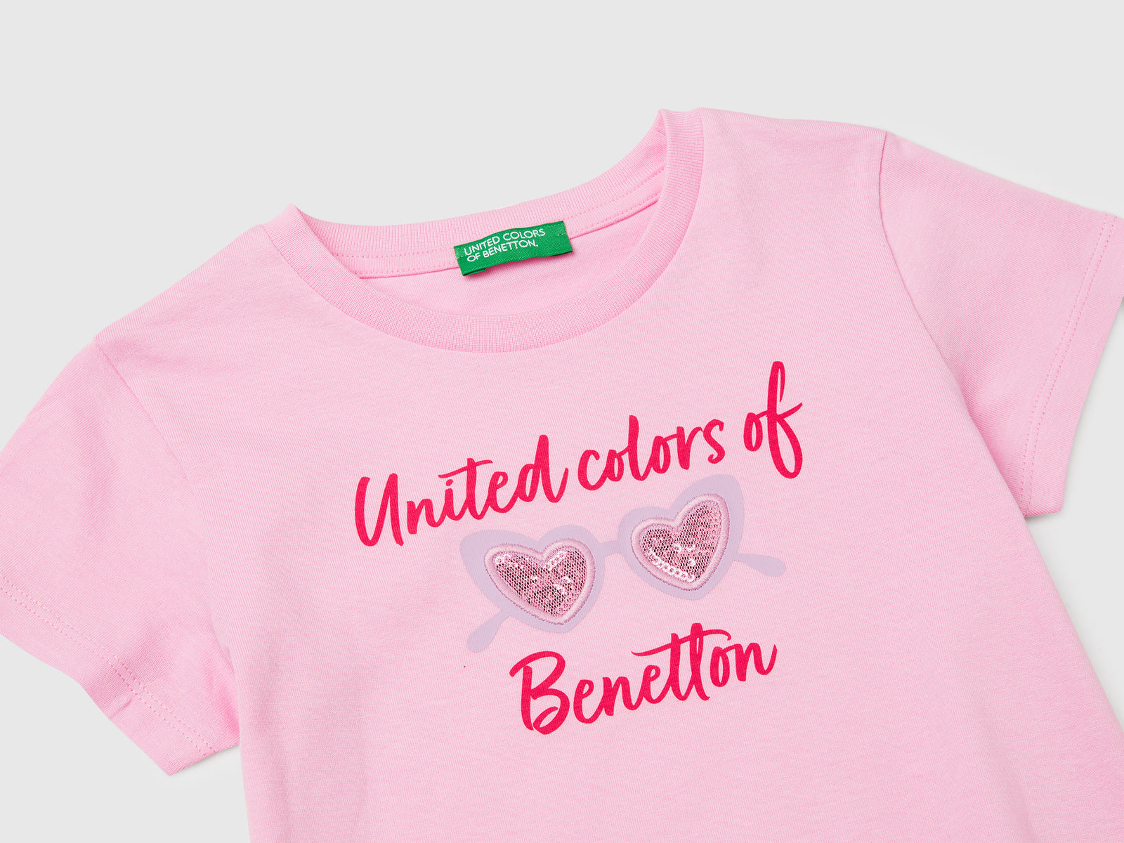 Maglietta con ricamo logo in cotone bio da bimba rosa 3 | Benetton Outlet