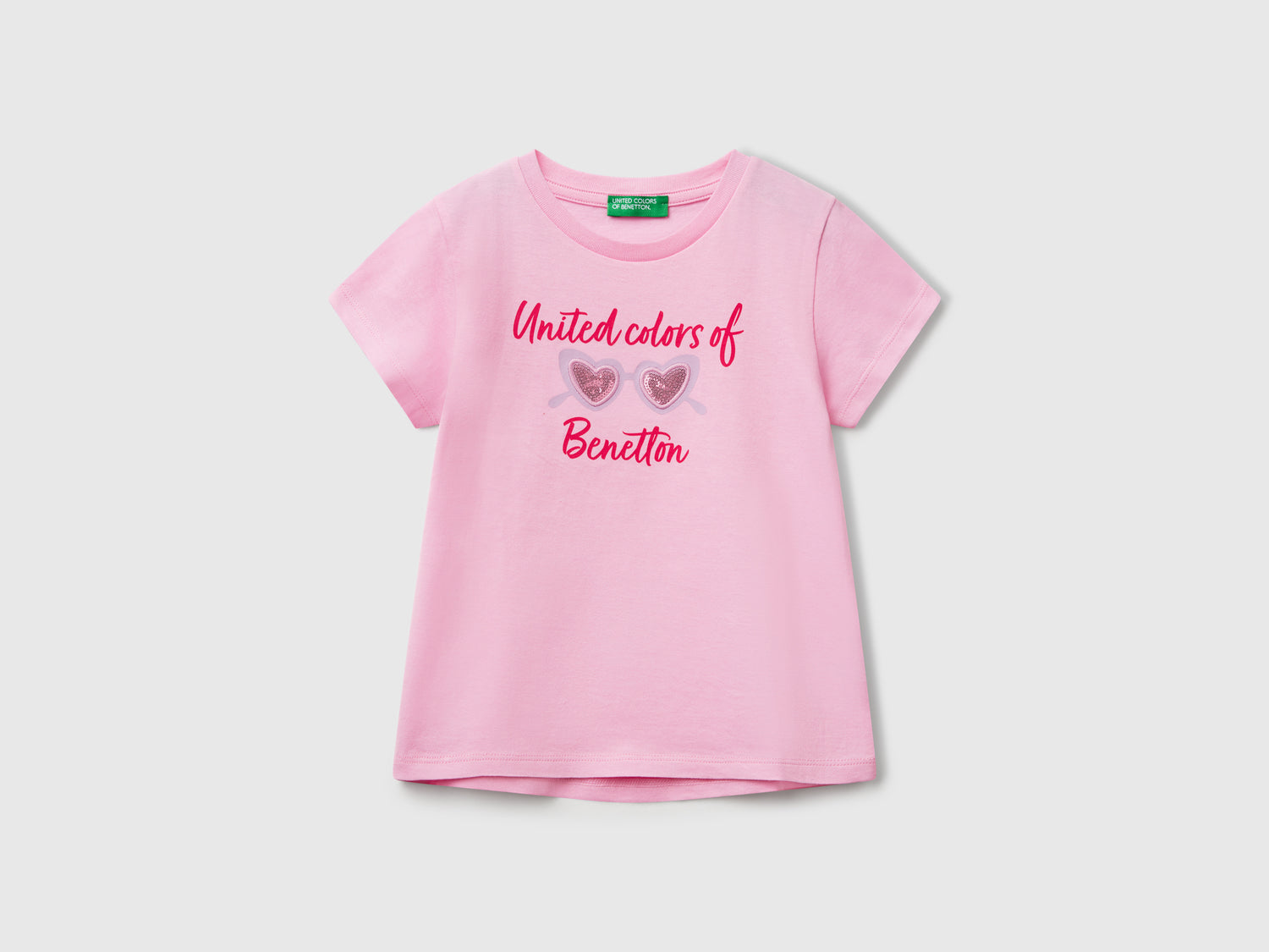 Maglietta con ricamo logo in cotone bio da bimba rosa | Benetton Outlet