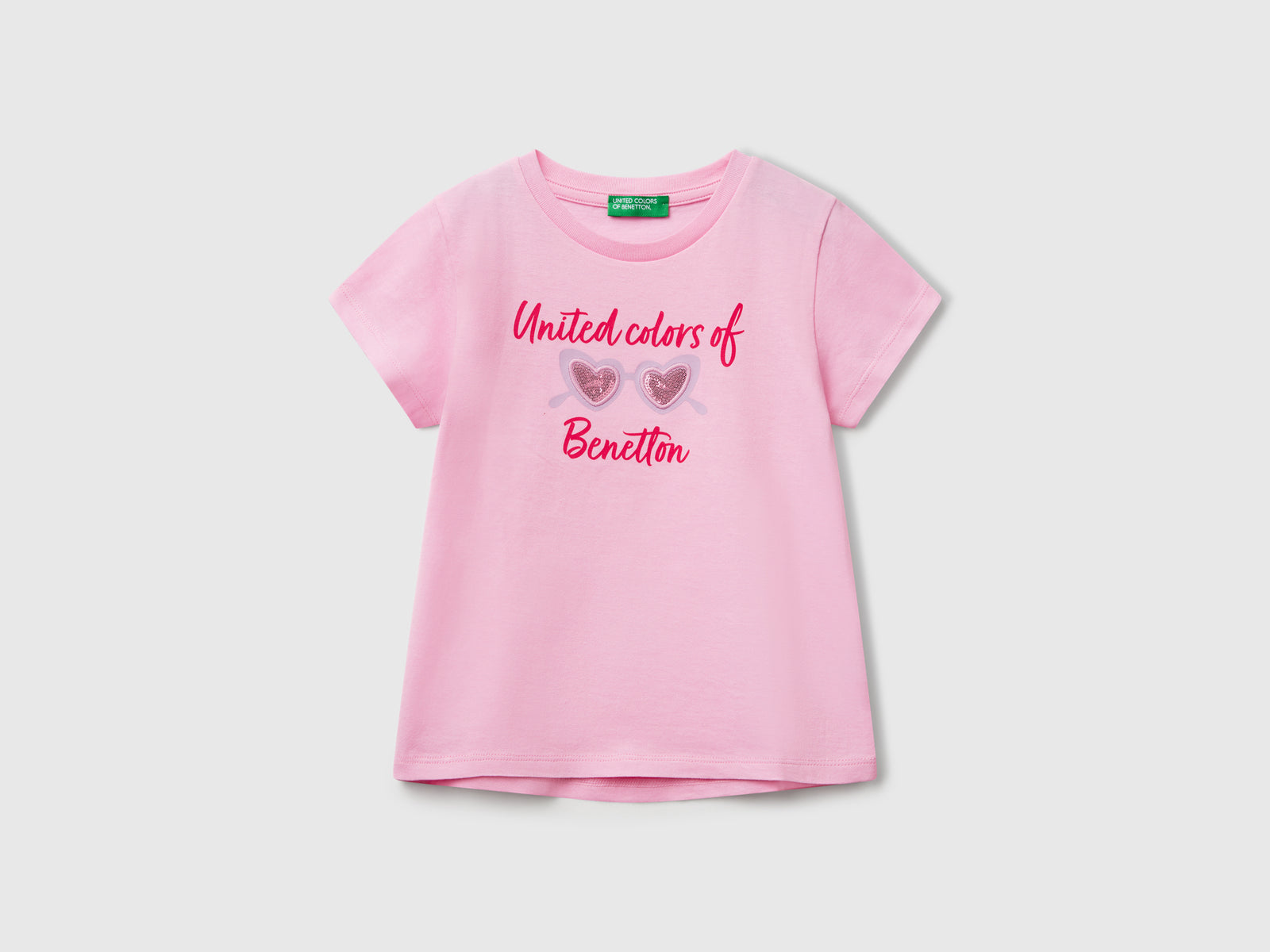 Maglietta con ricamo logo in cotone bio da bimba rosa | Benetton Outlet