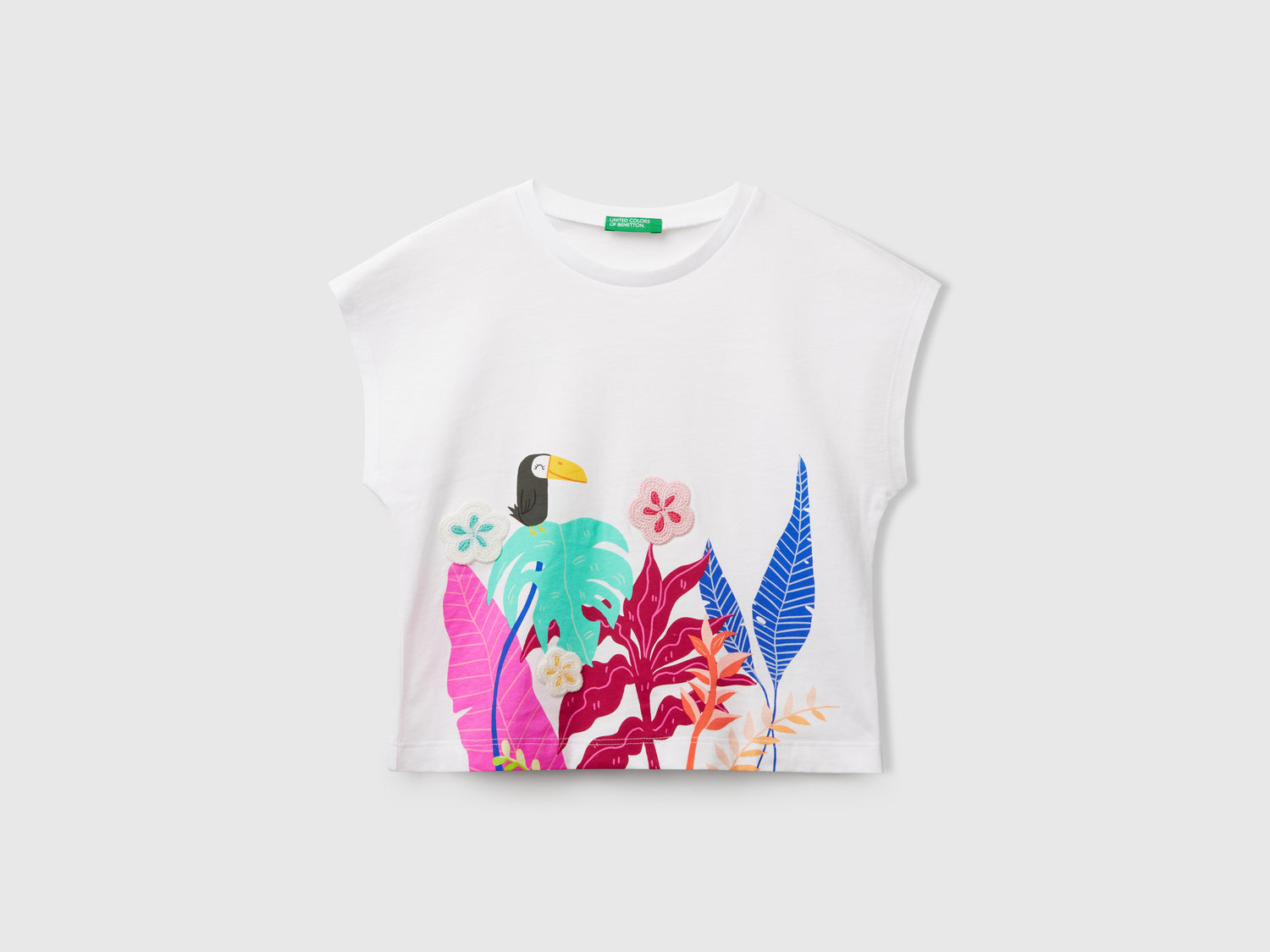Maglietta con stampa e applicazioni crochet da bimba bianco | Benetton Outlet