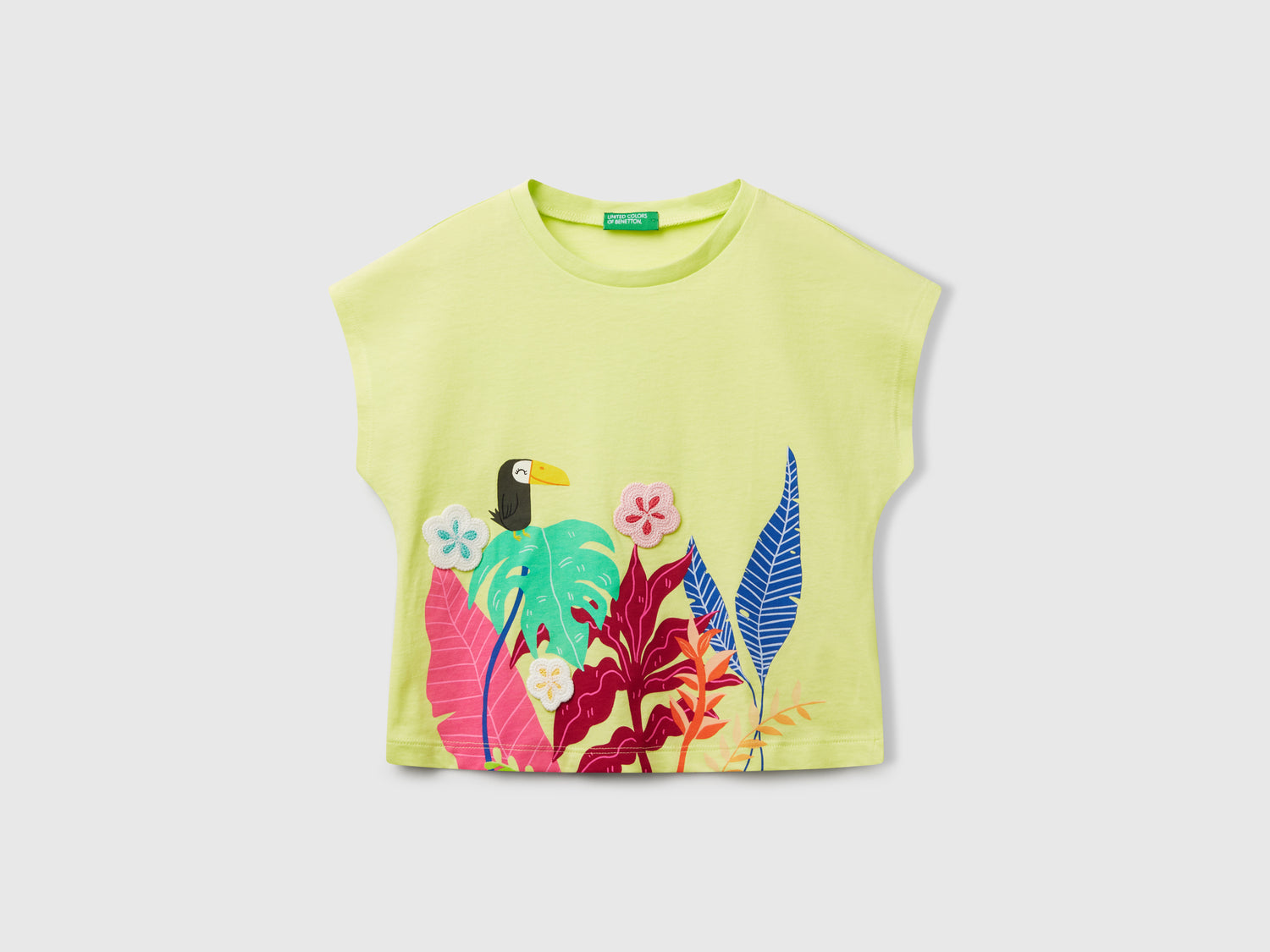 Maglietta con stampa e applicazioni crochet da bimba lime | Benetton Outlet
