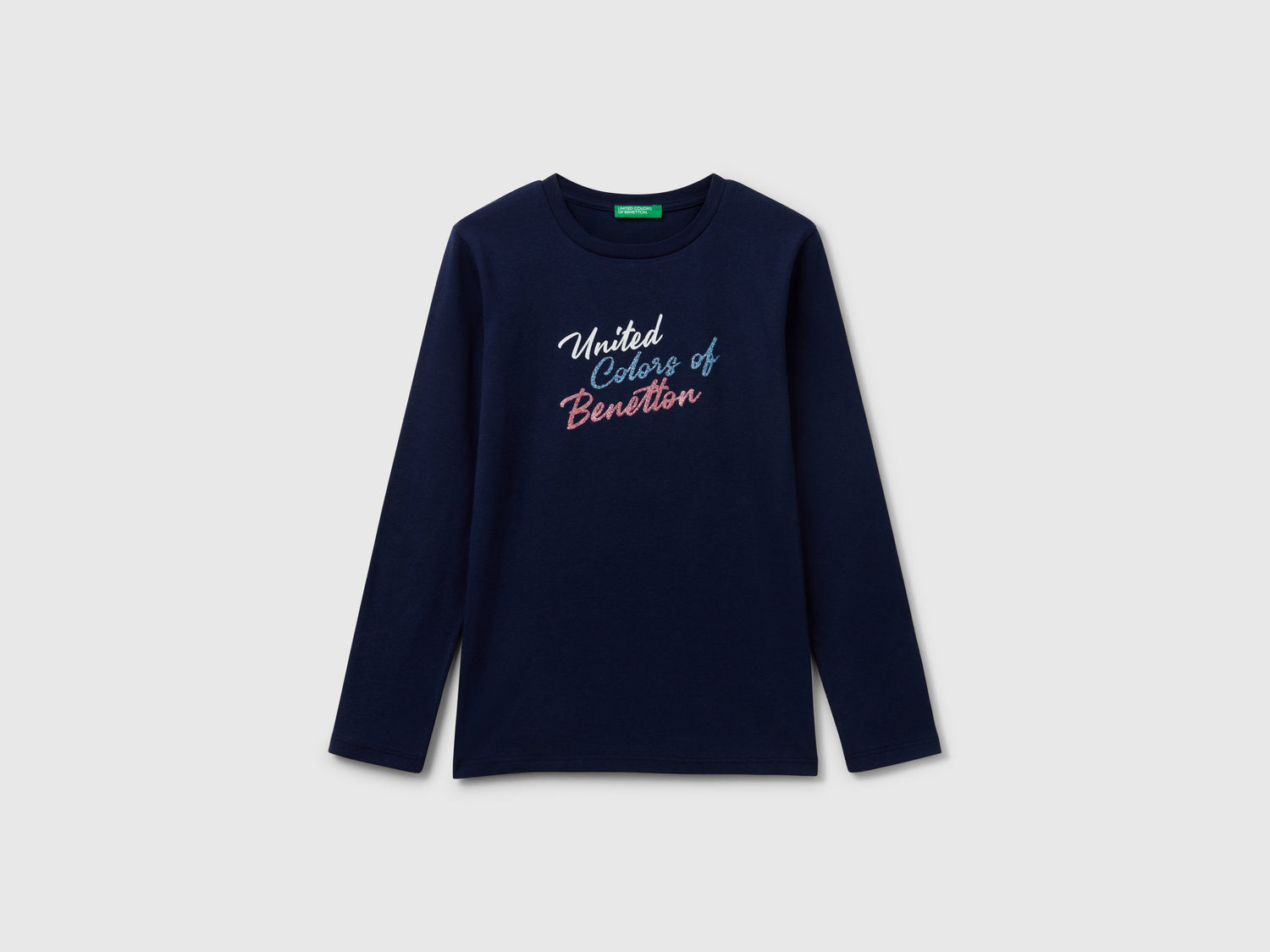 Maglietta a manica lunga con stampa glitter da bambina blu scuro | Benetton Outlet