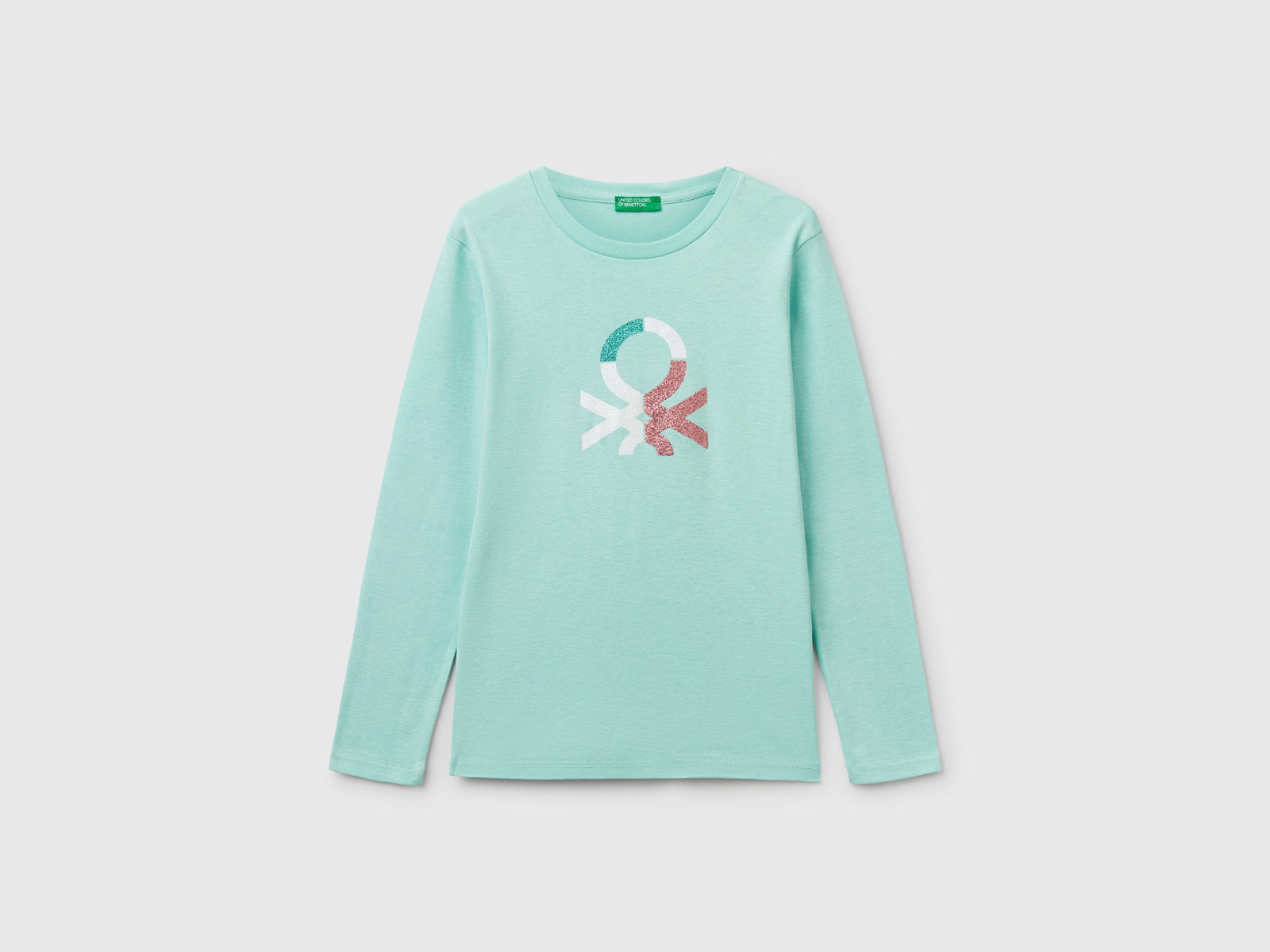 Maglietta a manica lunga con stampa glitter da bambina verde acqua | Benetton Outlet