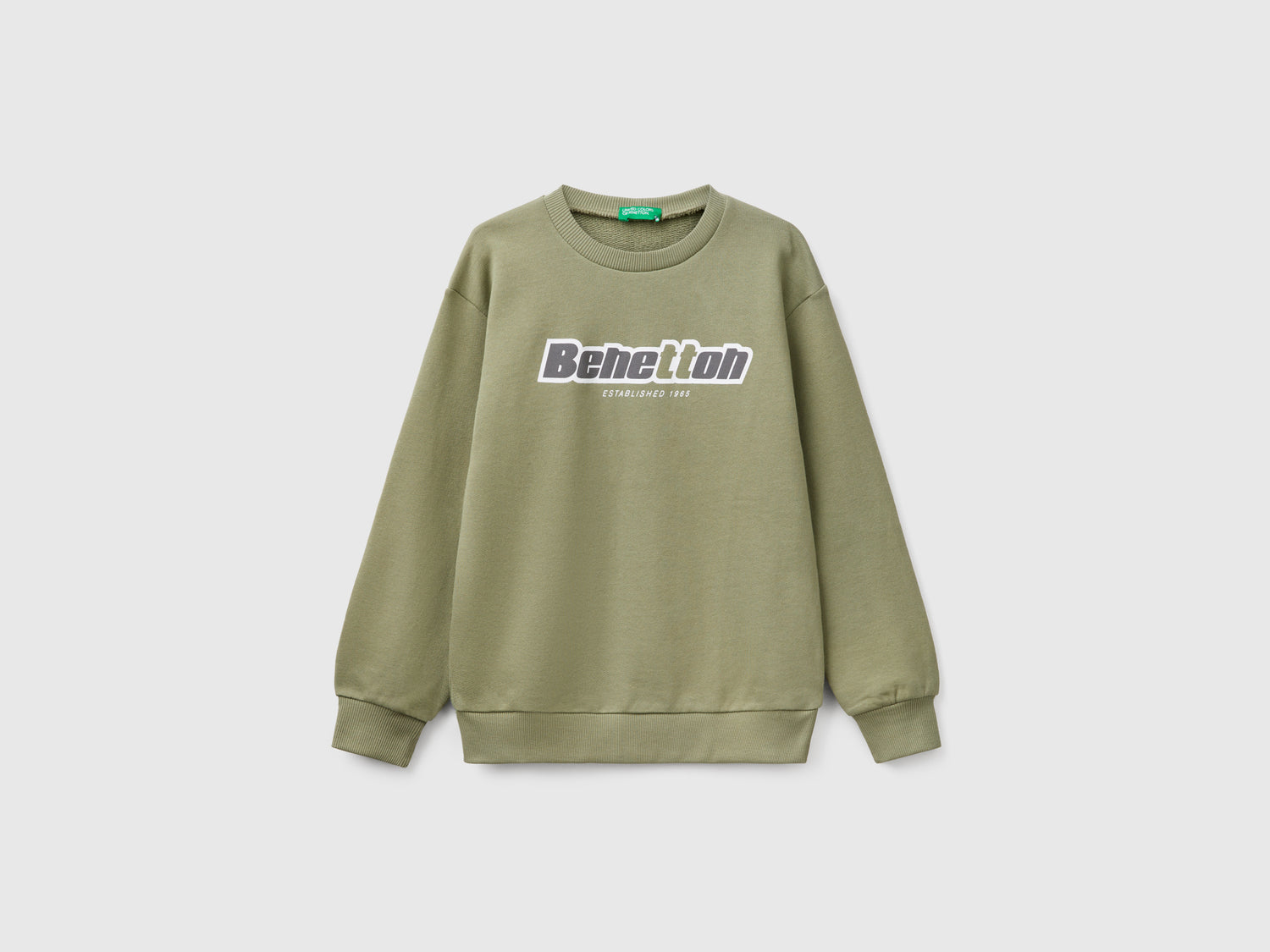 Felpa con stampa in puro cotone da bambino verde oliva | Benetton Outlet