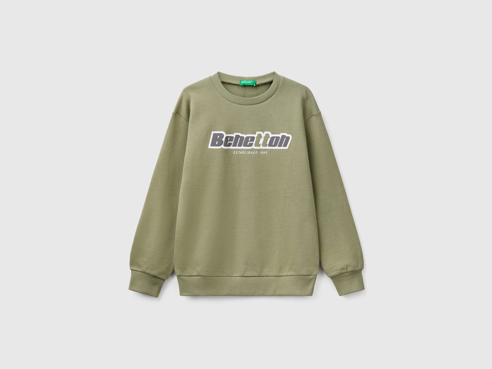 Felpa con stampa in puro cotone da bambino verde oliva | Benetton Outlet