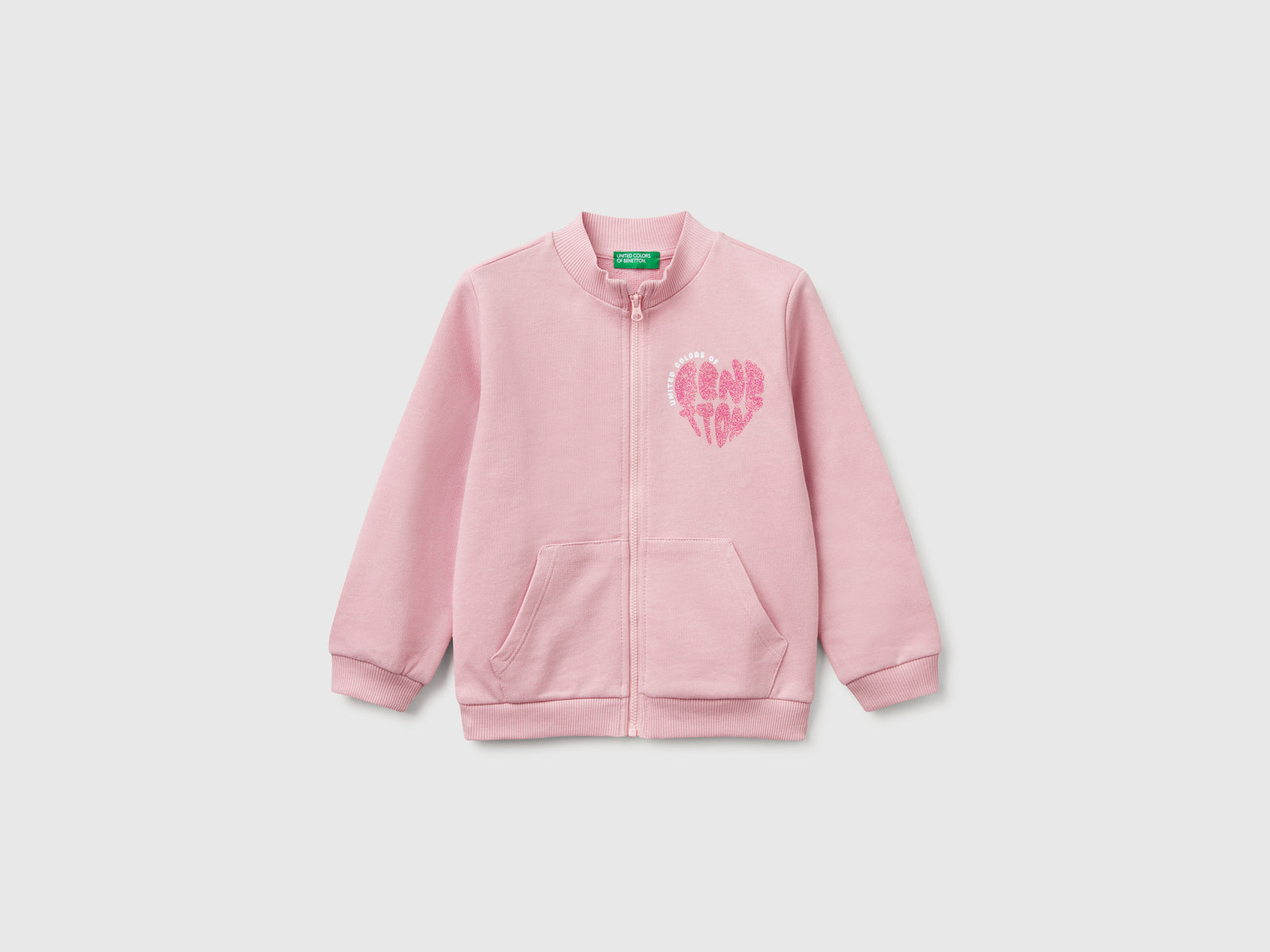 Felpa con zip in cotone da bimba rosa | Benetton Outlet