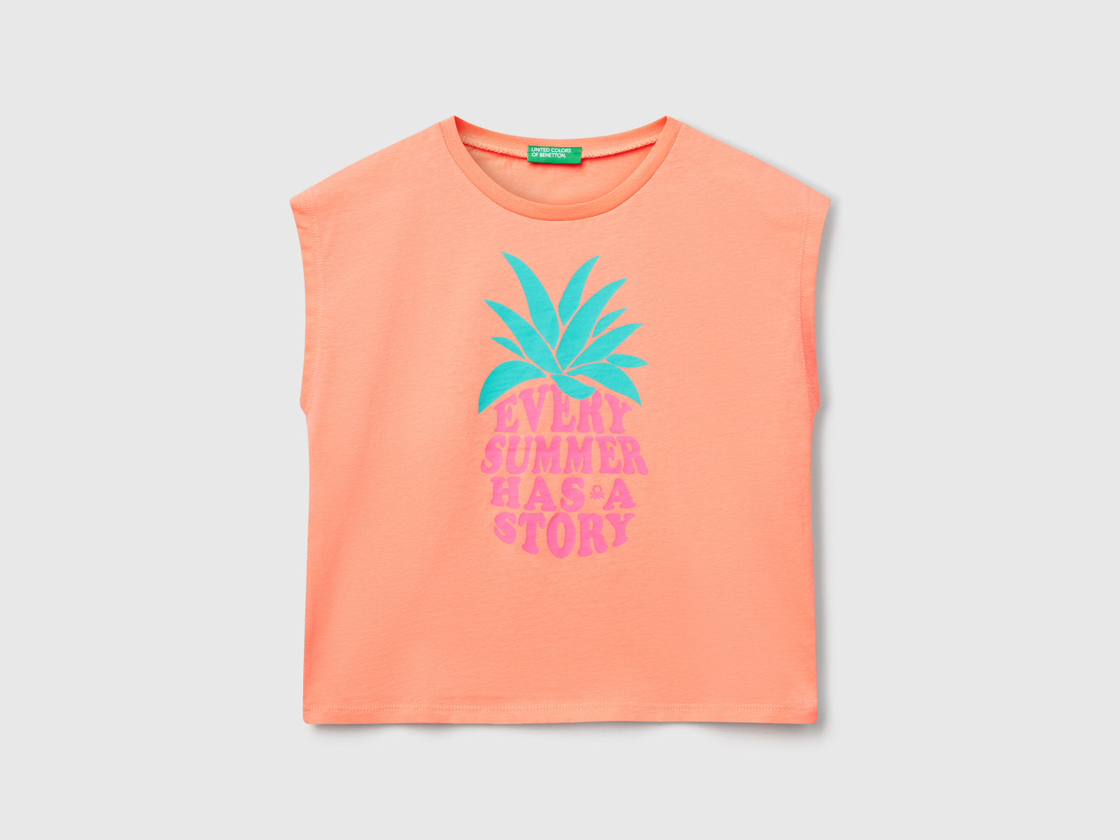 T-shirt con stampa fluo da bambina pesca | Benetton Outlet