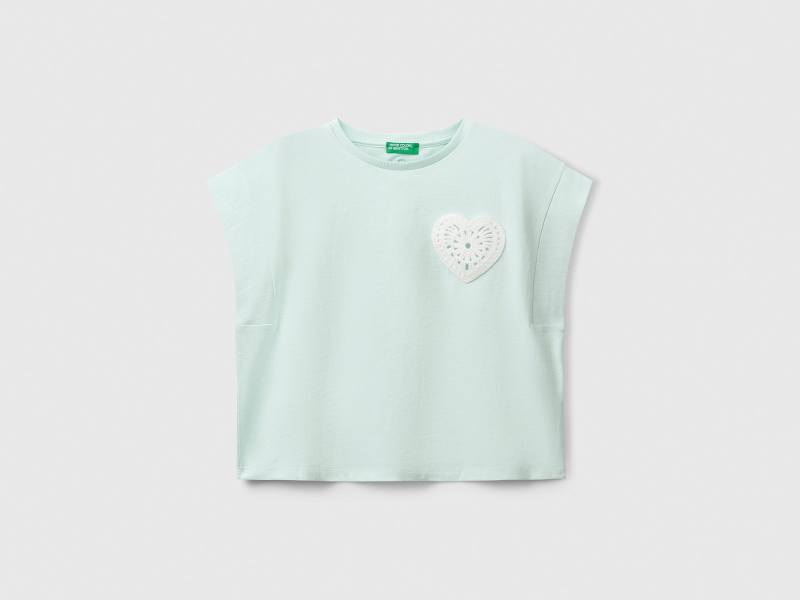T-shirt con patch macramè da bambina verde acqua | Benetton Outlet