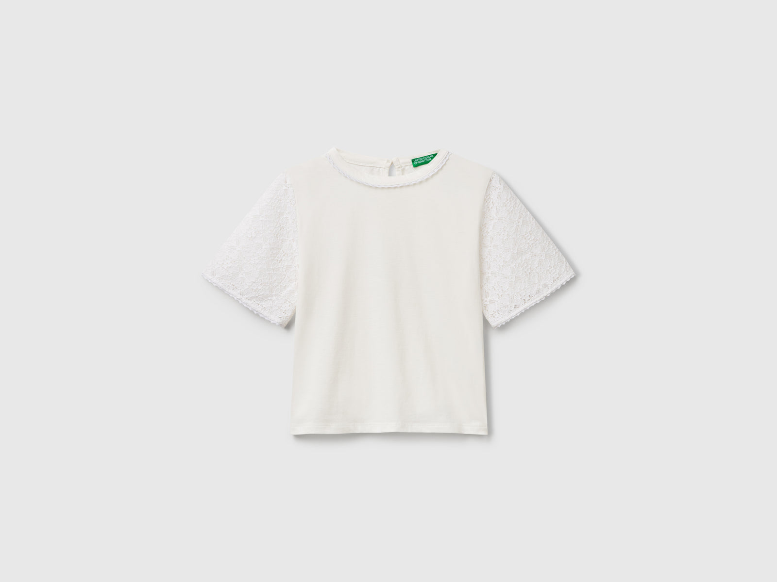 Maglietta con manica in pizzo da bambina bianco panna | Benetton Outlet