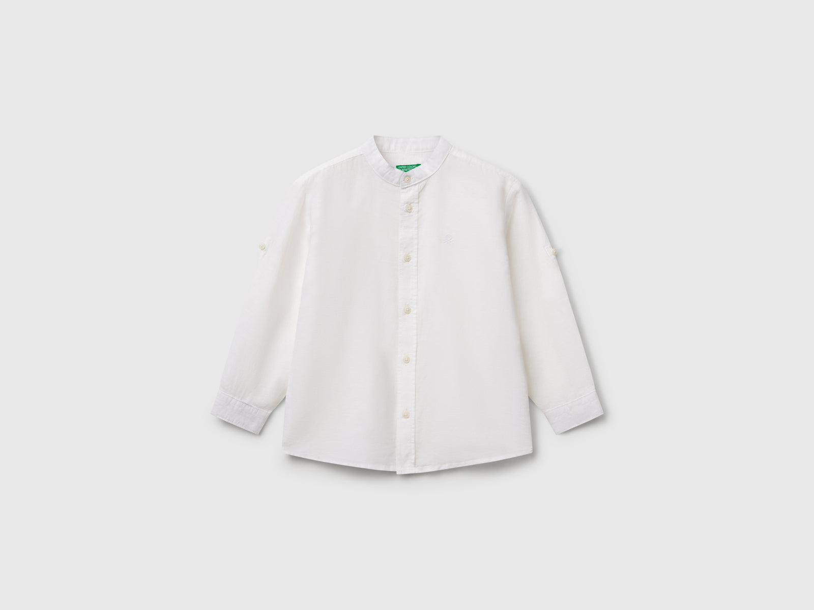 Camicia alla coreana in misto lino da bimbo bianco | Benetton Outlet
