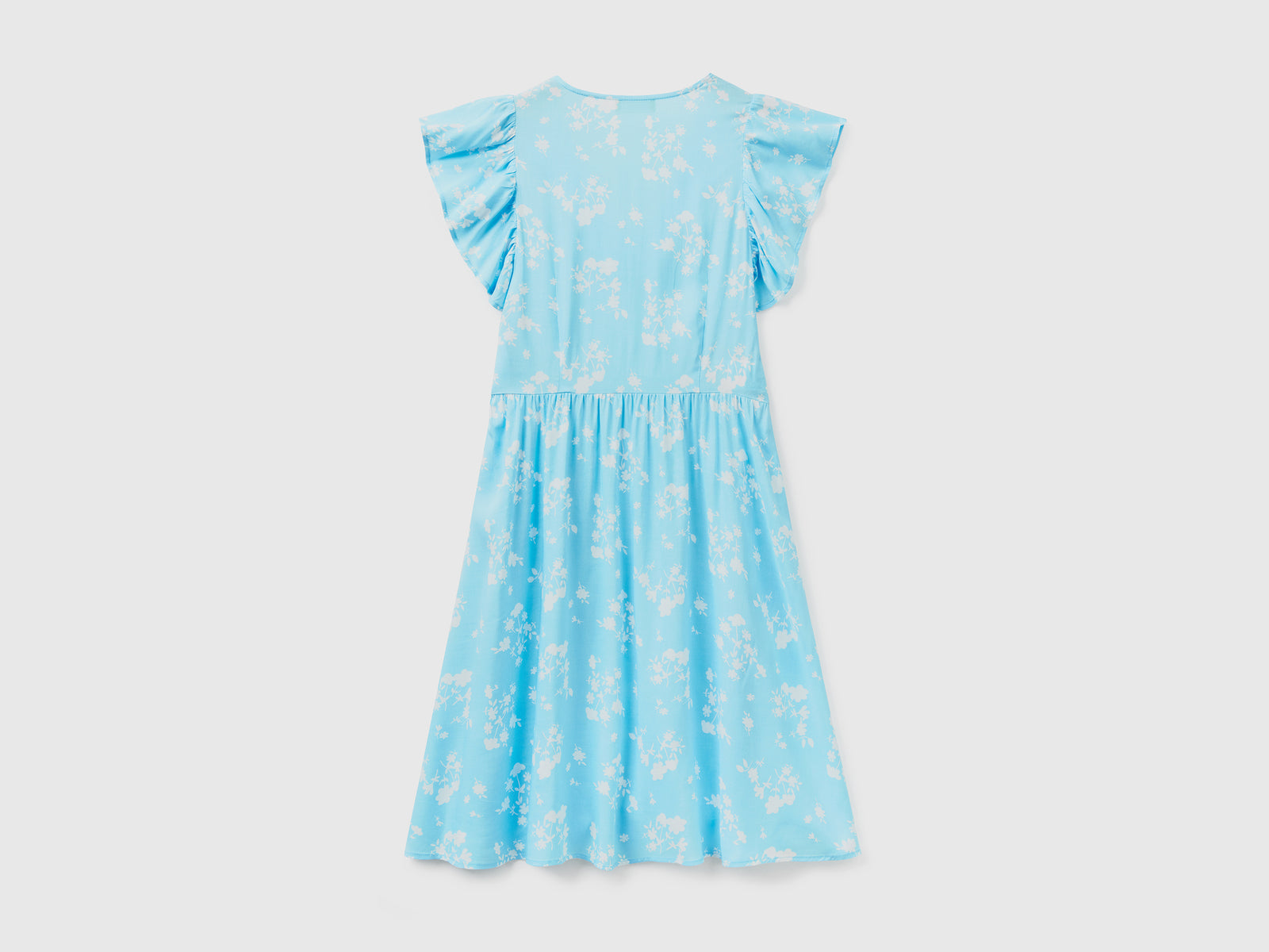 Vestito corto con scollo a V in tessuto fluido e leggero di pura viscosa da donna azzurro 2 | Benetton Outlet
