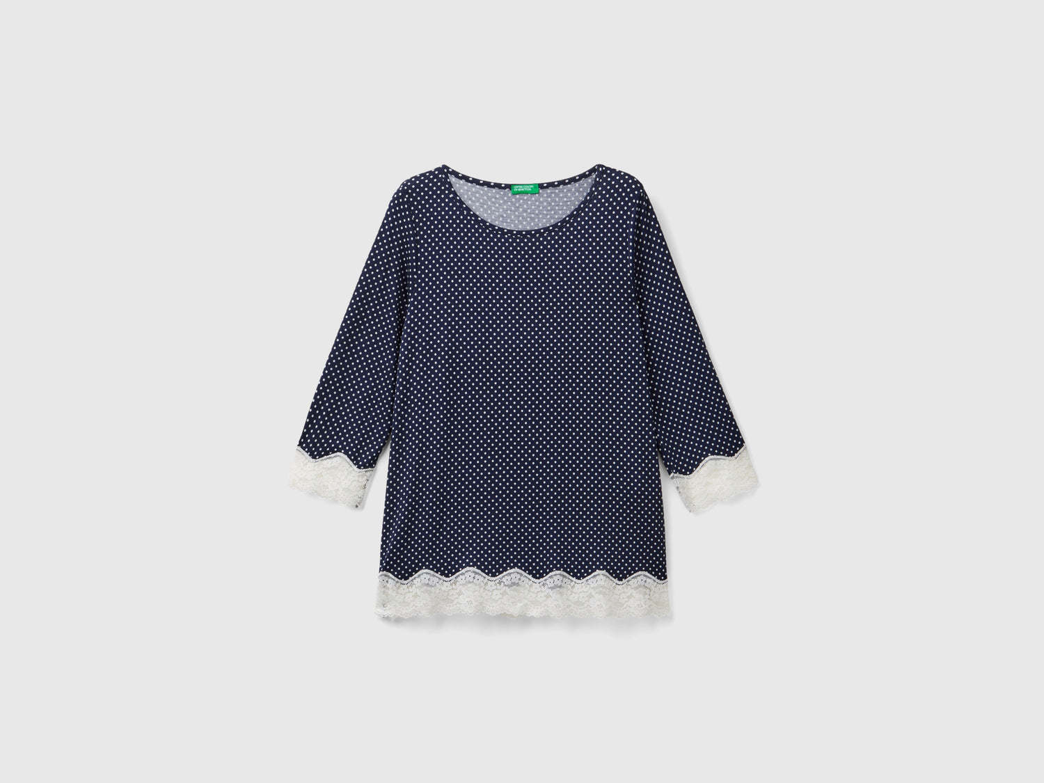 T-shirt a pois con dettagli in pizzo da donna blu | Benetton Outlet