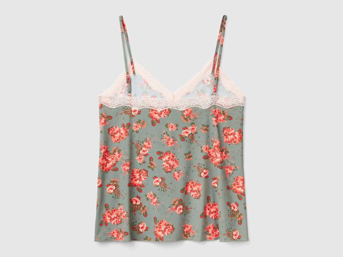 Camiseta de tirantes con encaje y estampado de flores