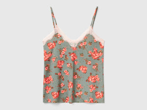 Camiseta de tirantes con encaje y estampado de flores