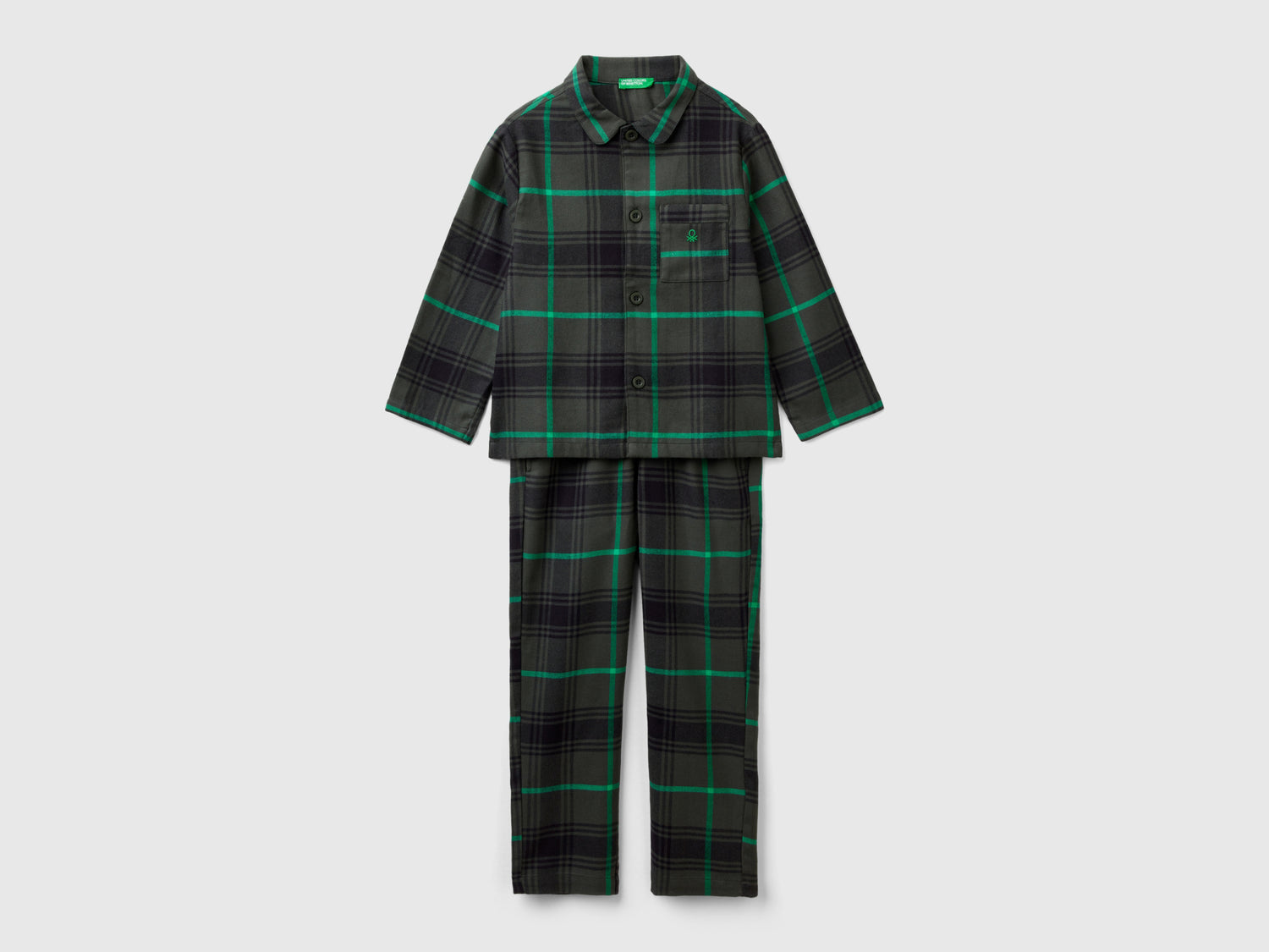 Pigiama tartan in flanella da bambino verde scuro | Benetton Outlet