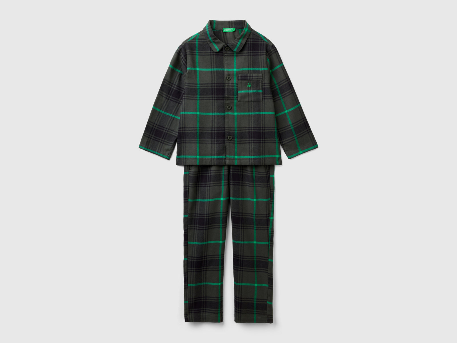 Pigiama tartan in flanella da bambino verde scuro | Benetton Outlet