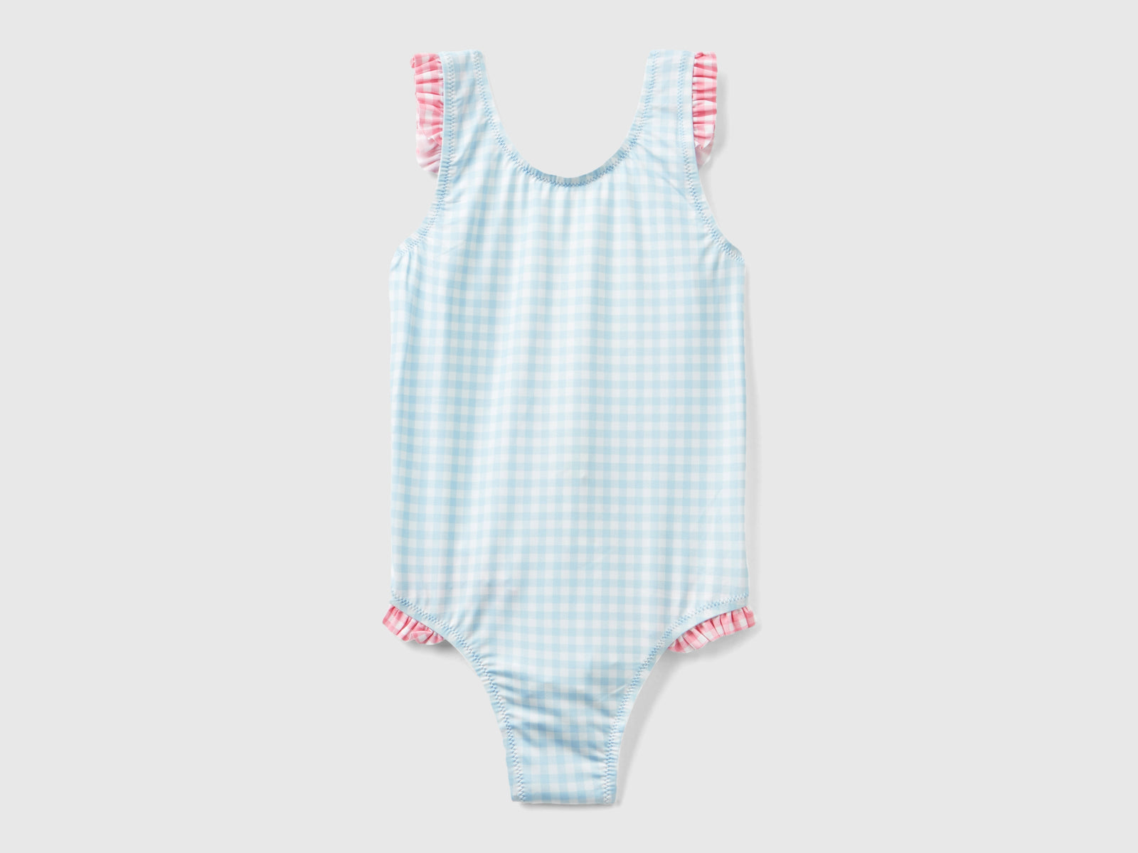 Costume intero vichy con balze da bambina azzurro | Benetton Outlet
