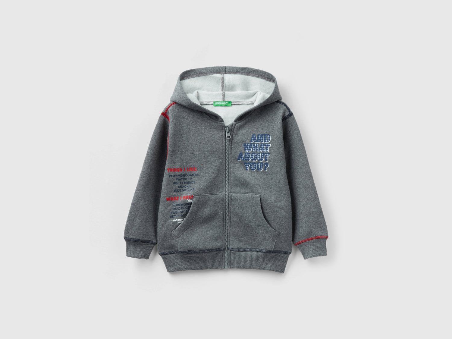 Felpa over fit con cappuccio e stampa da bimbo grigio scuro | Benetton Outlet