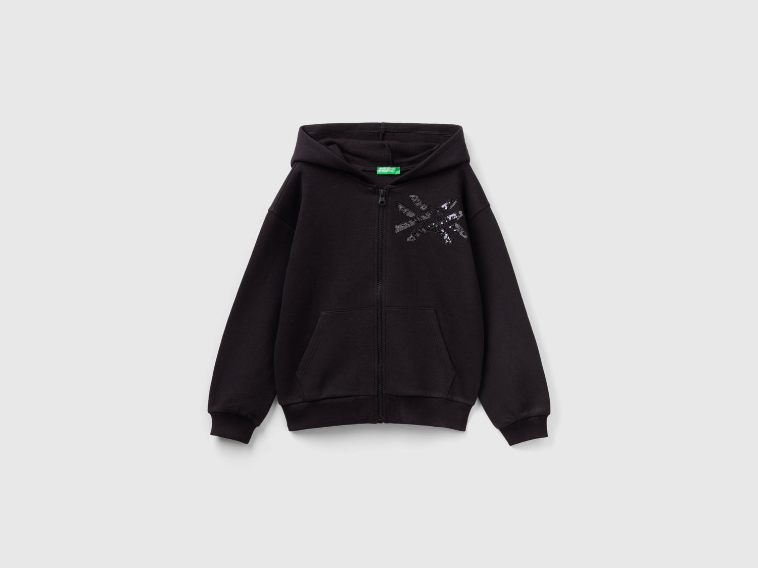 Felpa con zip e paillettes da bambina nero | Benetton Outlet
